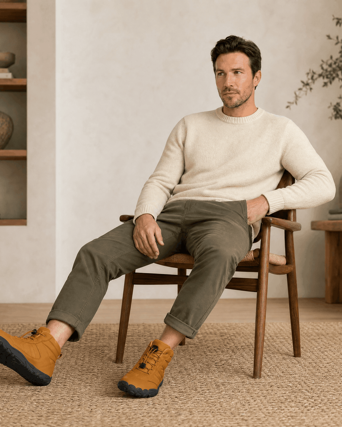 Brown water-repellent winter ankle boots with bungee laces and flexible rubber soles worn by a man in a neutral room.