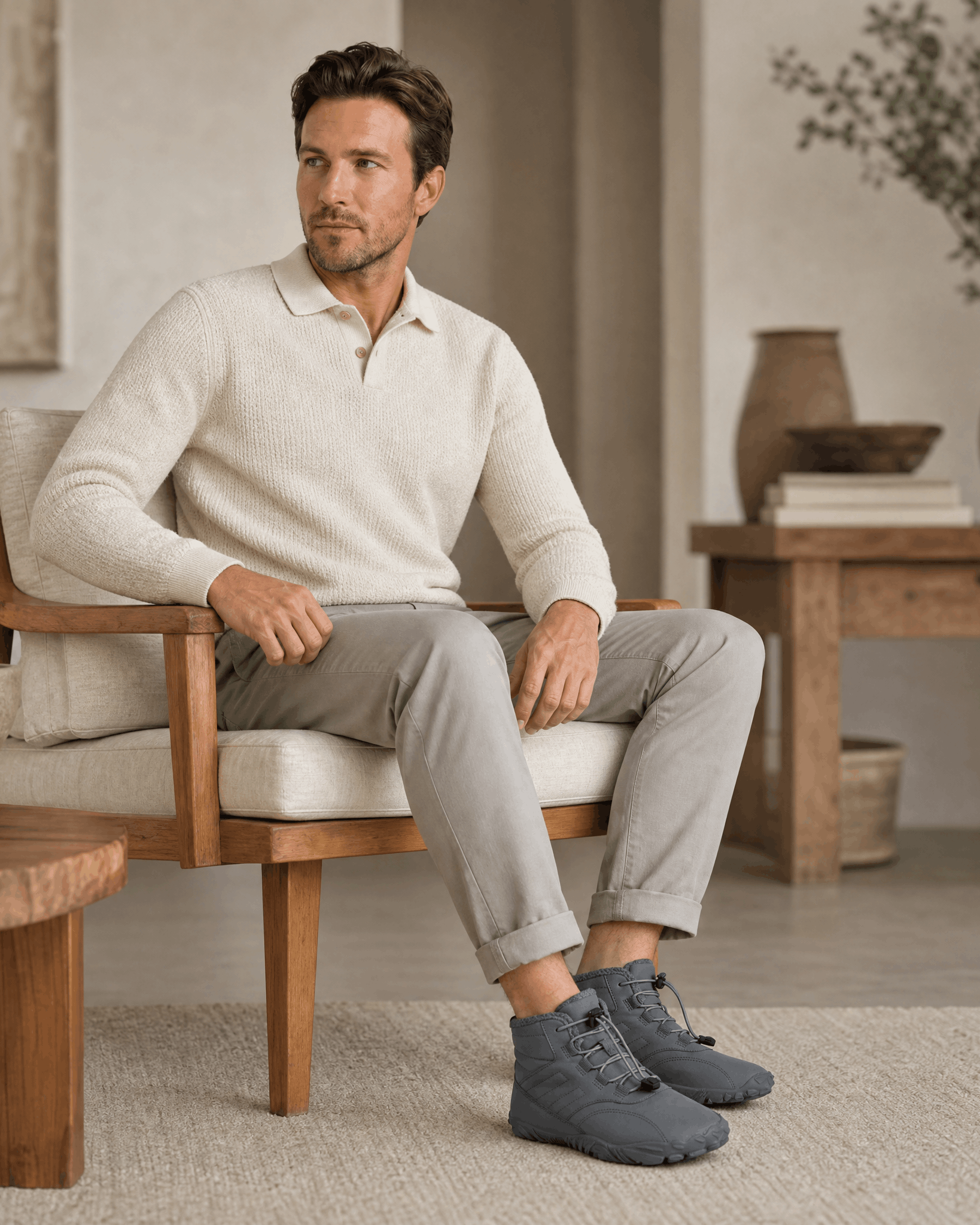 Blue water-repellent winter ankle boots with bungee laces and a flexible rubber sole worn by a man in a neutral interior.