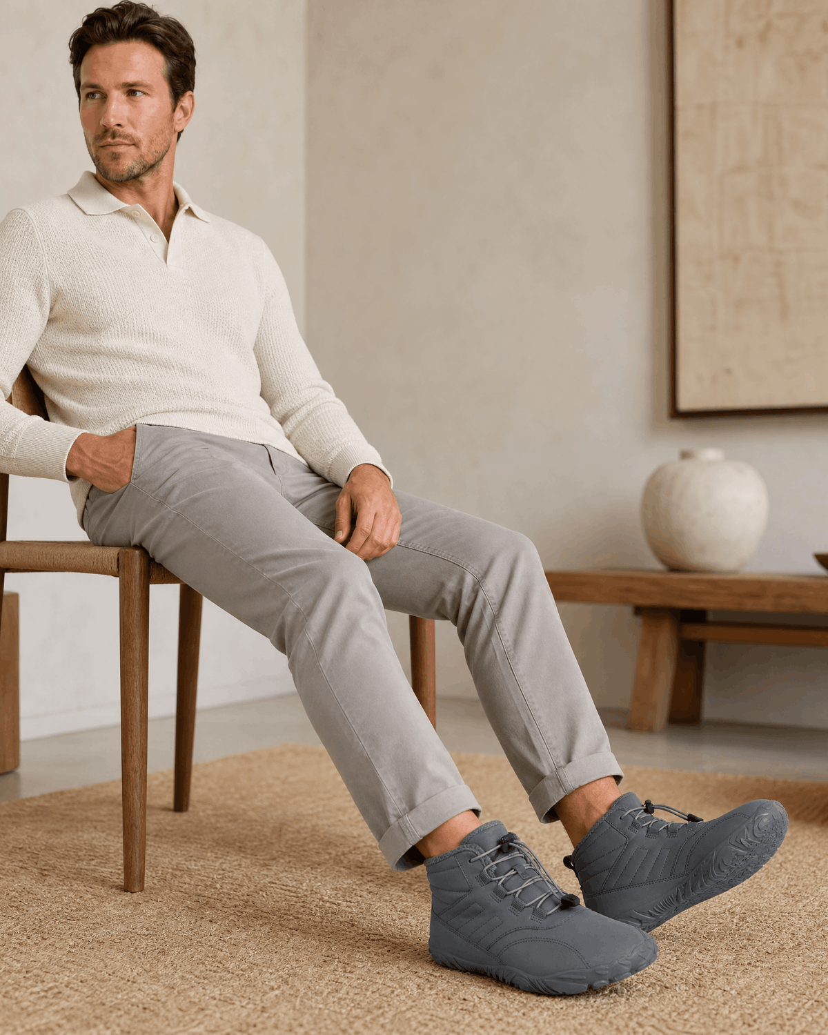 Gray water-repellent winter ankle boots with a fleece-lined collar, bungee lace toggle, and flexible rubber sole.