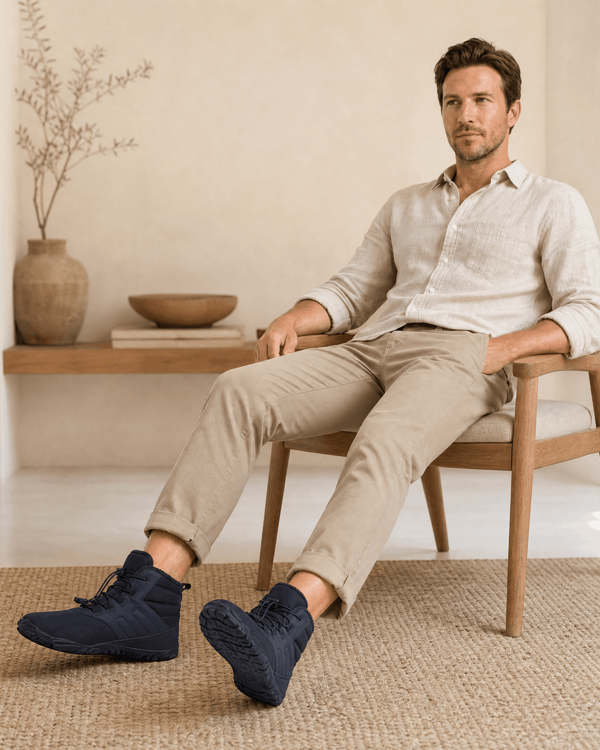 Blue water-repellent winter ankle boots with bungee laces, fleece-lined collars, and flexible rubber soles worn by a man.