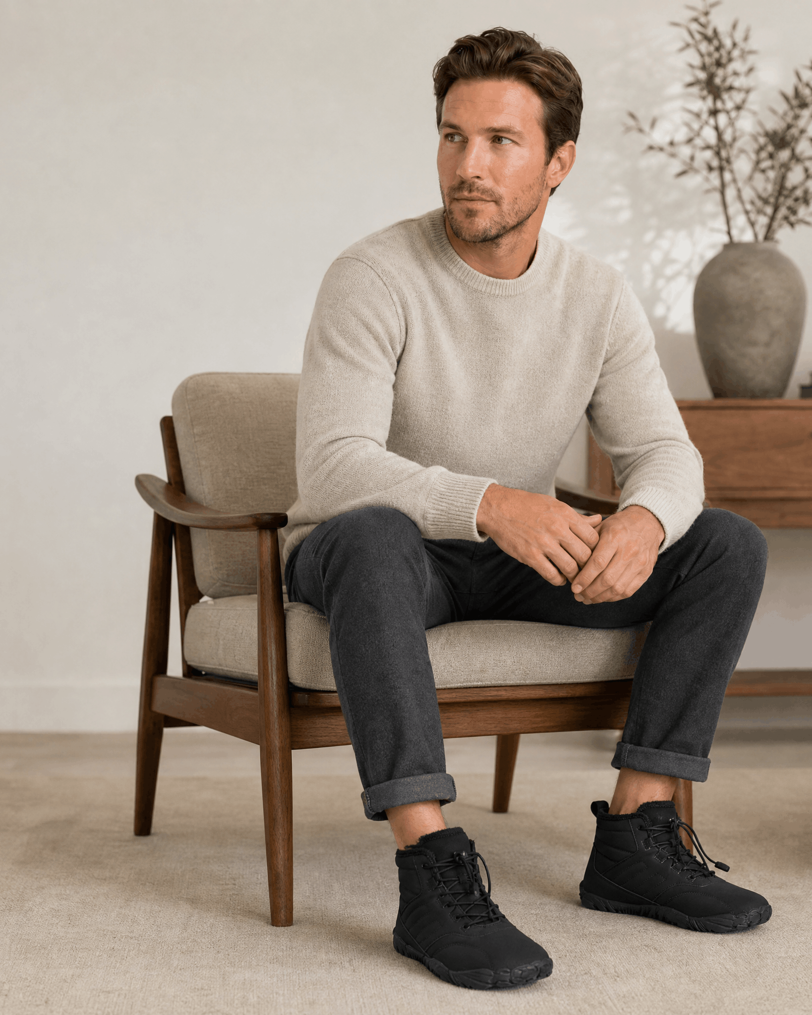 Black water-repellent winter ankle boots with bungee laces and fleece-lined collars worn by a man in a neutral interior.
