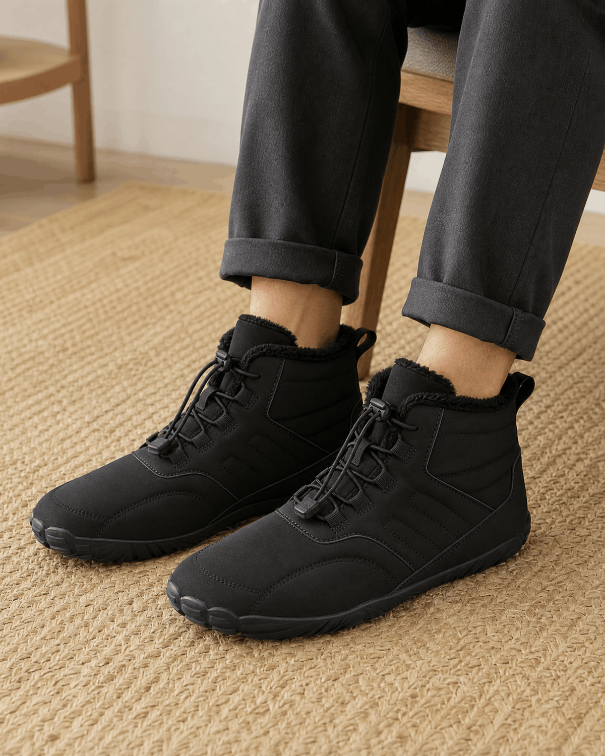 Black water-repellent winter ankle boots featuring a fleece-lined collar, bungee lace toggle, and flexible rubber sole.