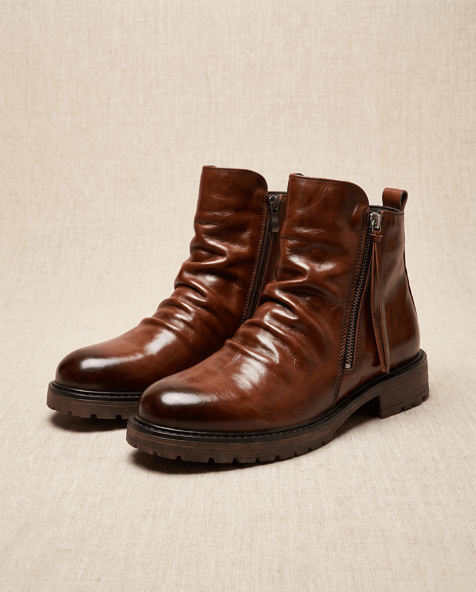 Brown waxed leather boots with a ruched shaft, side zip closure, and a sturdy, slip-resistant lug sole.