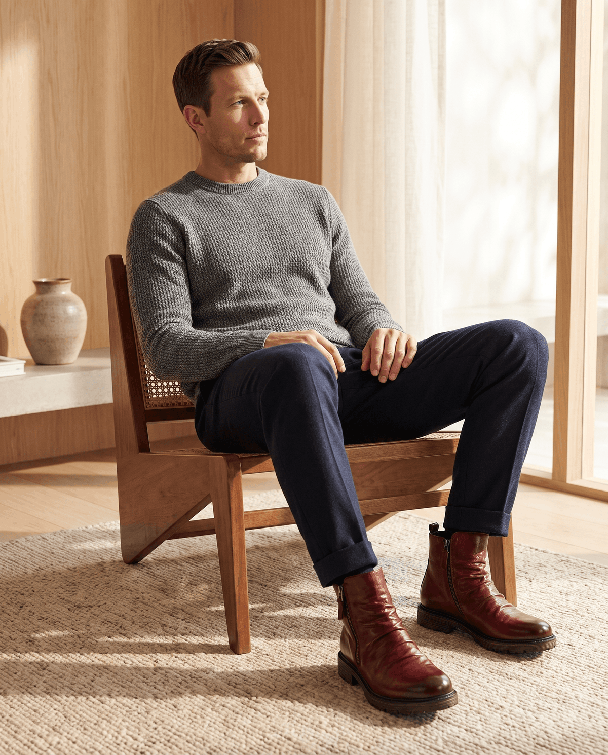 Brown waxed leather boots with a ruched shaft, side zip, and rugged rubber sole worn with dark trousers.