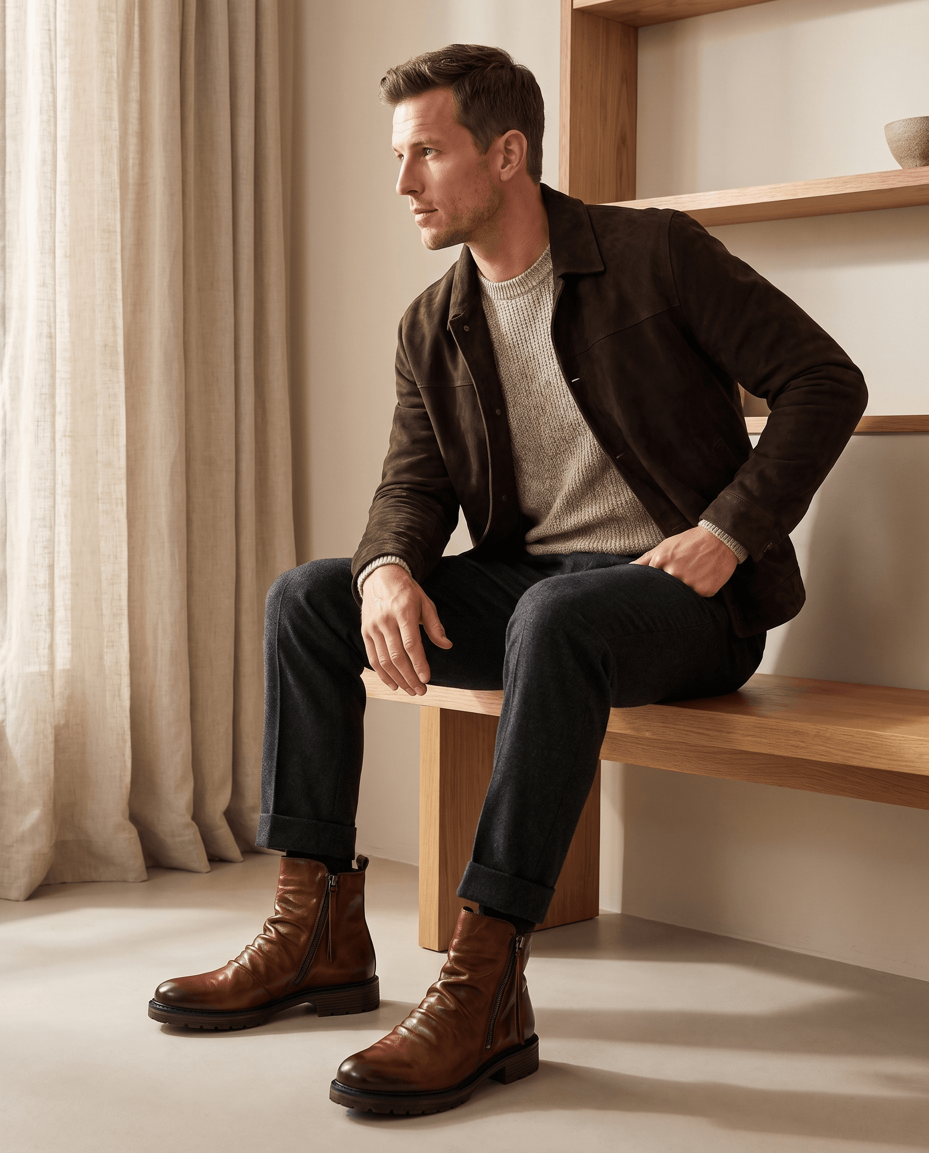 Red waxed leather boots with a ruched shaft, side zip, and rugged rubber outsole worn by a seated man.