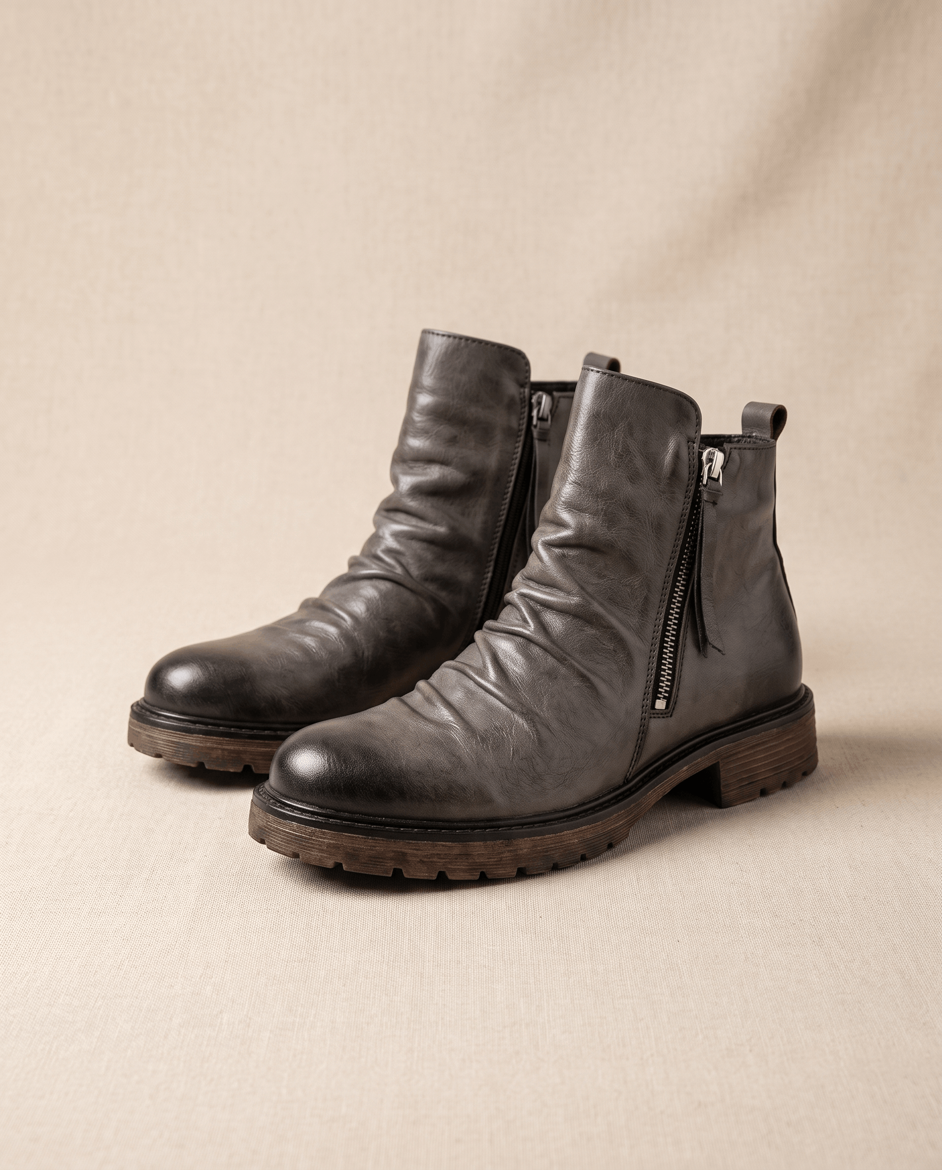 Dark gray waxed leather boots with a ruched shaft, side zip closure, and a rugged, slip-resistant rubber lug outsole.