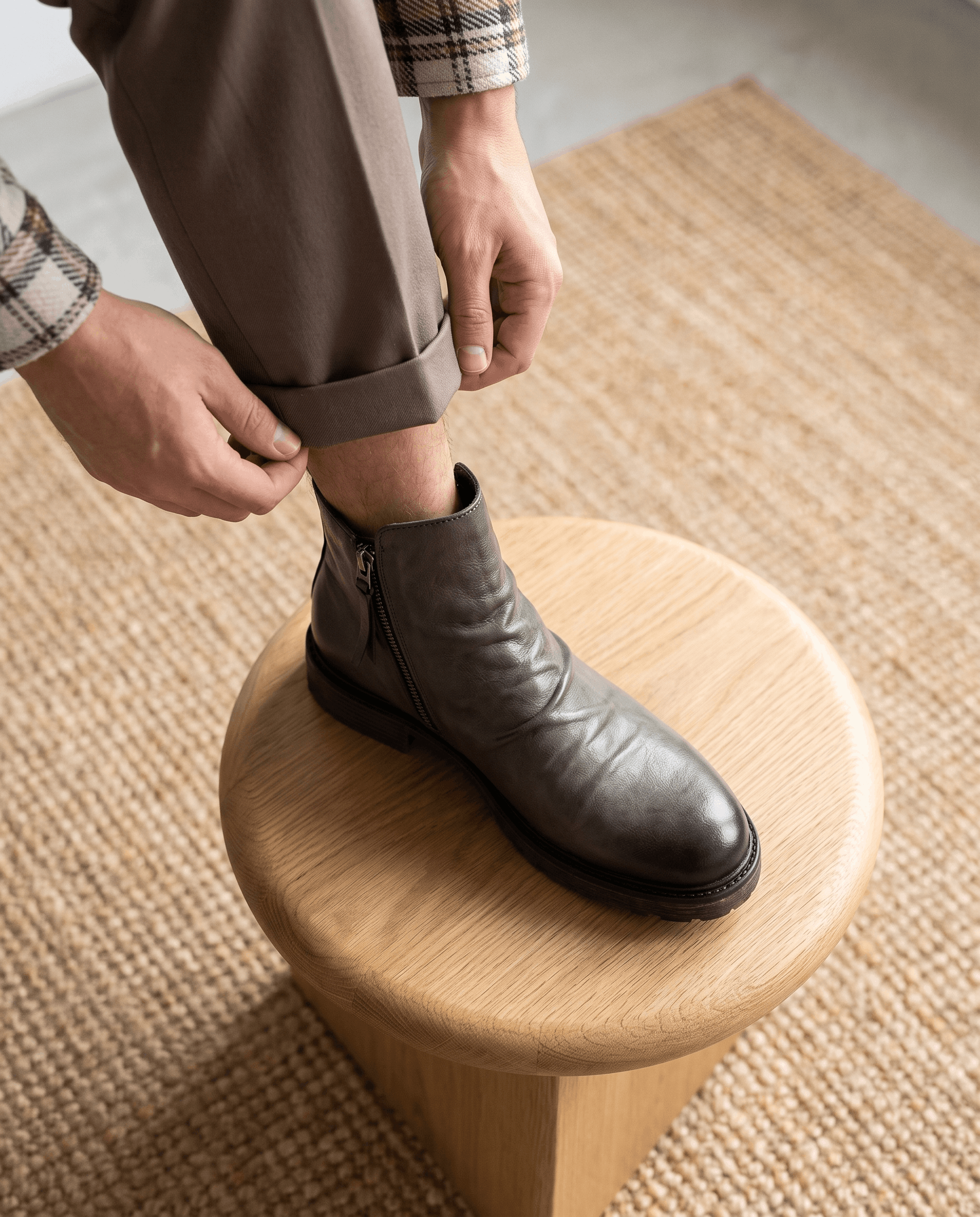Dark gray waxed leather ankle boots with a ruched shaft, side zip, and cushioned rubber sole worn with cuffed trousers.