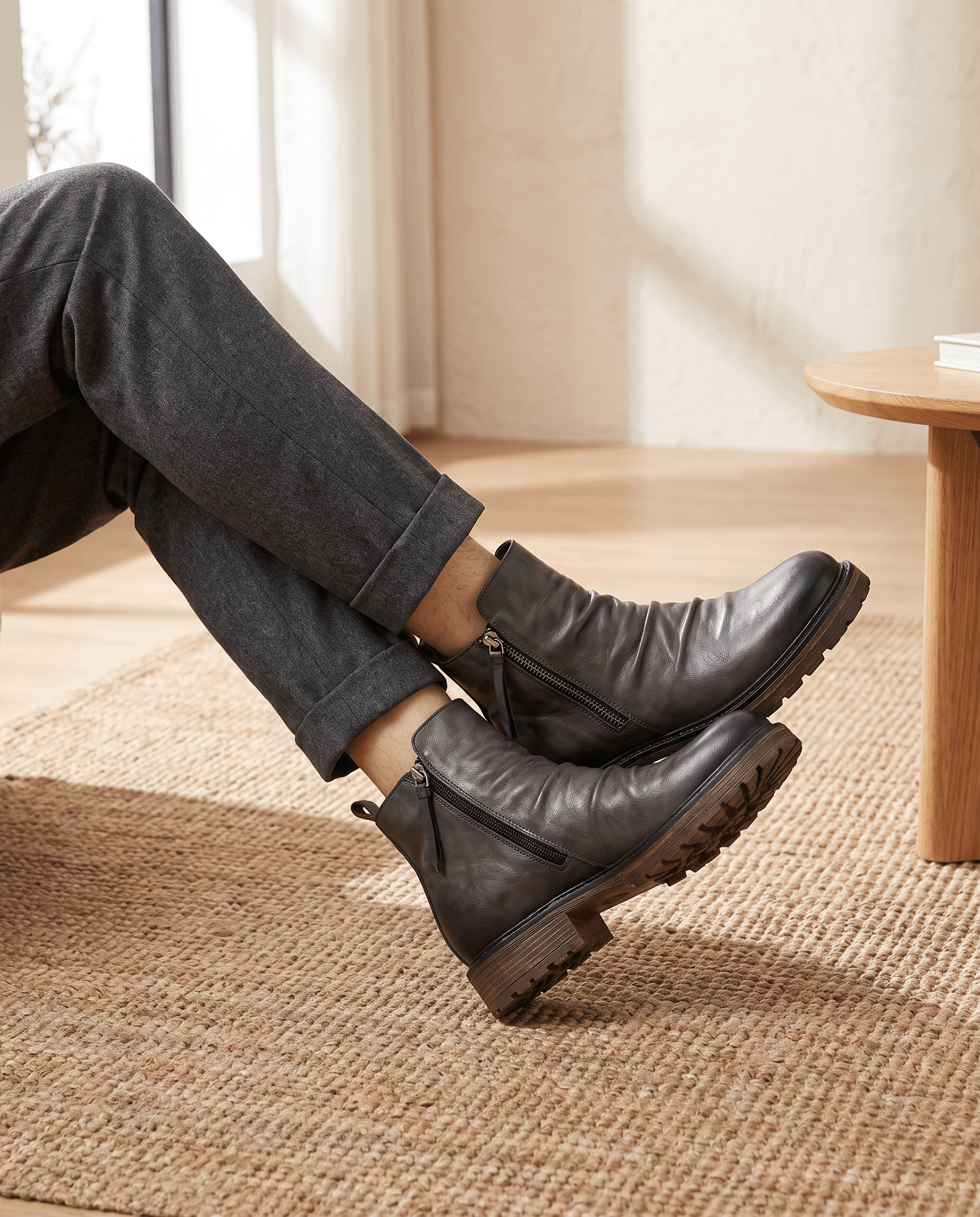 Dark gray waxed leather ankle boots with a ruched shaft, side zip closure, and a rugged, slip-resistant rubber tread sole.