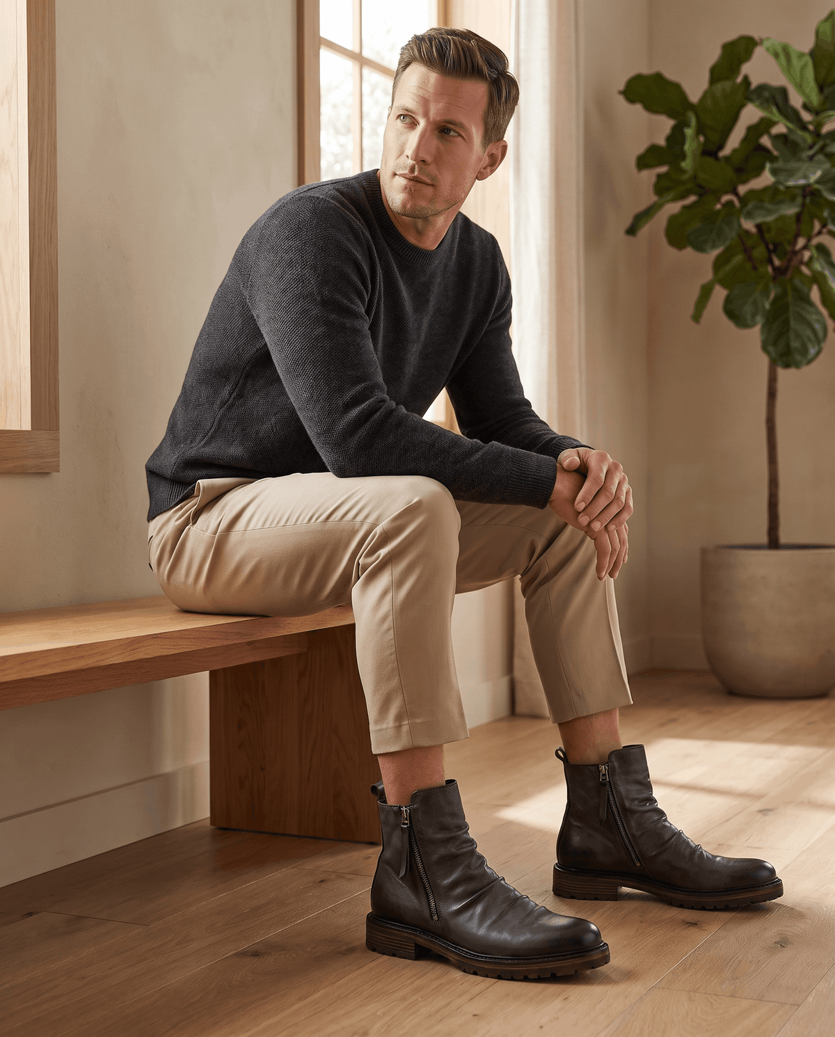 Dark gray waxed leather boots with a ruched shaft, side zip, and rugged rubber tread, worn with beige chinos.