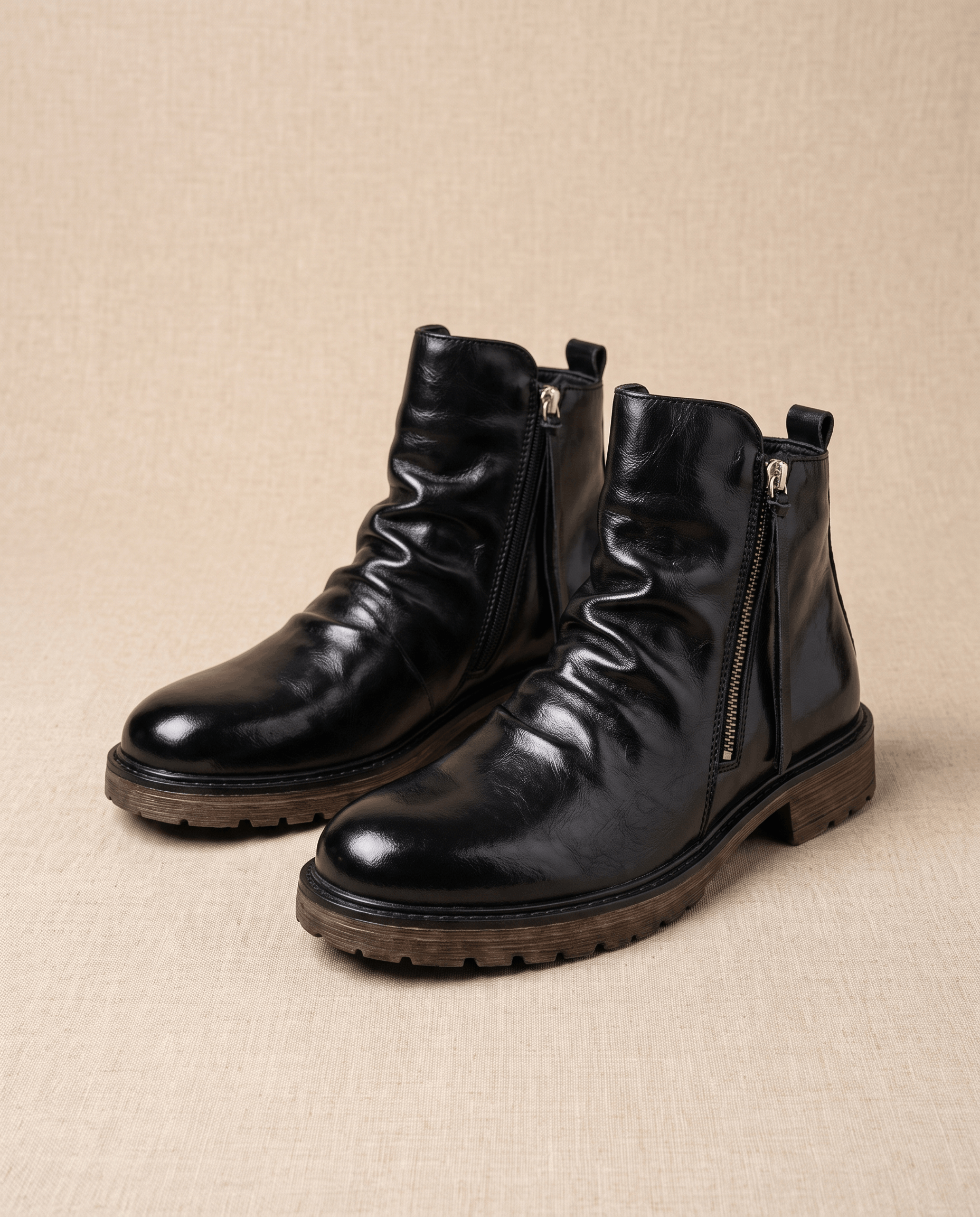 Black waxed leather boots with a ruched shaft, side zip closure, and a rugged, slip-resistant rubber outsole.