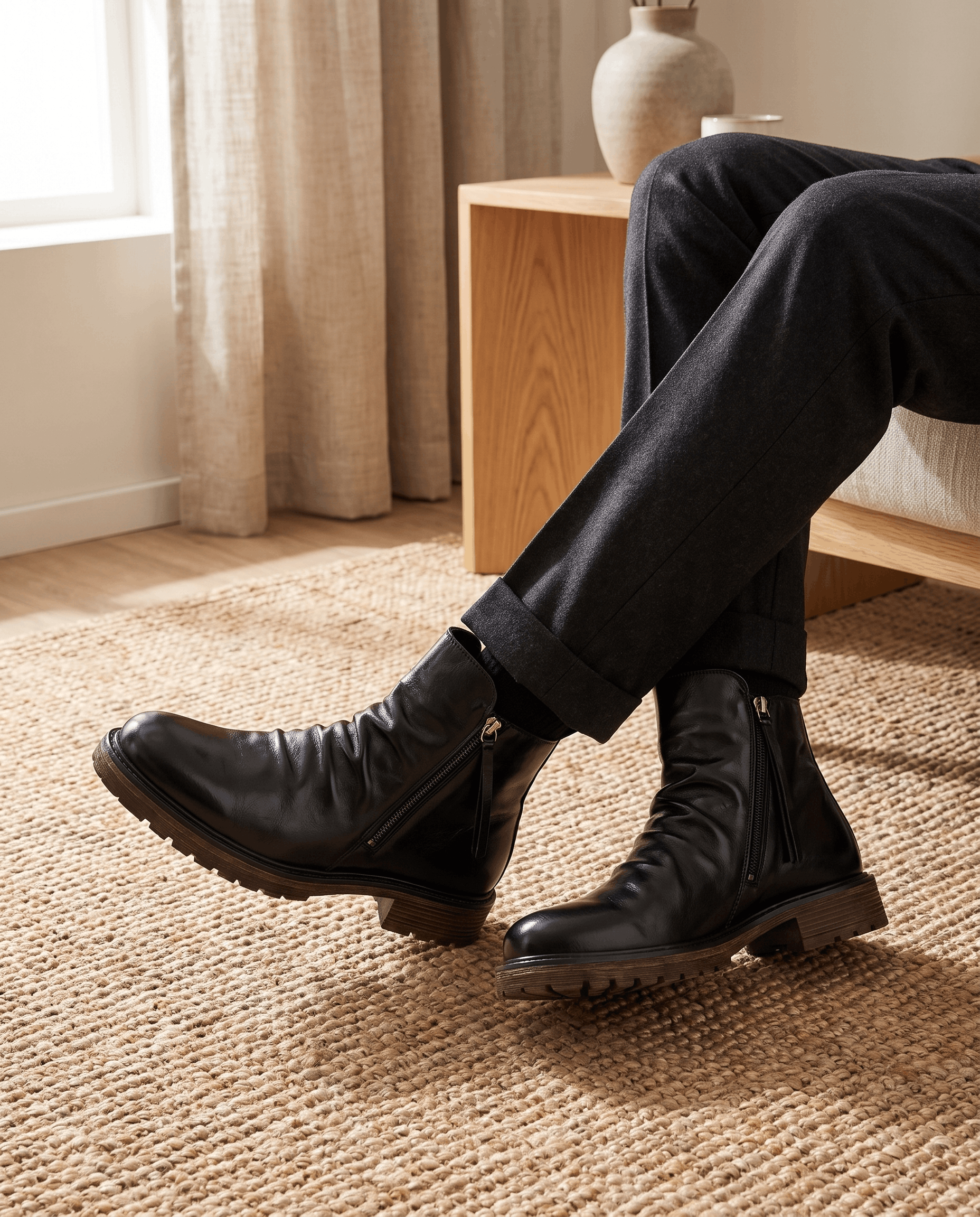 Black waxed leather pull-on boots with a ruched shaft, side zip, and rugged cushioned rubber outsole.