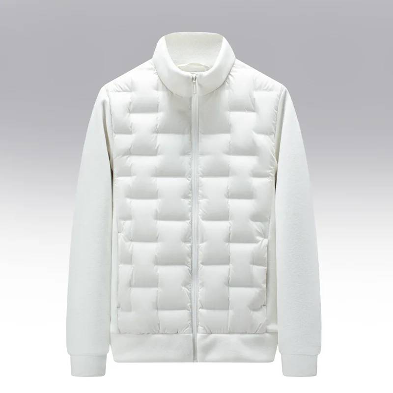 White hybrid puffer jacket with quilted body and fleece sleeves laid flat, front view