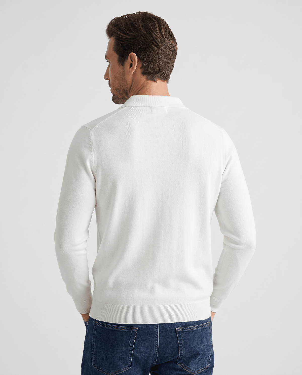 Back view of the Elias white wool knit polo sweater