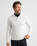 Man wearing the Elias white wool knit polo sweater, front view