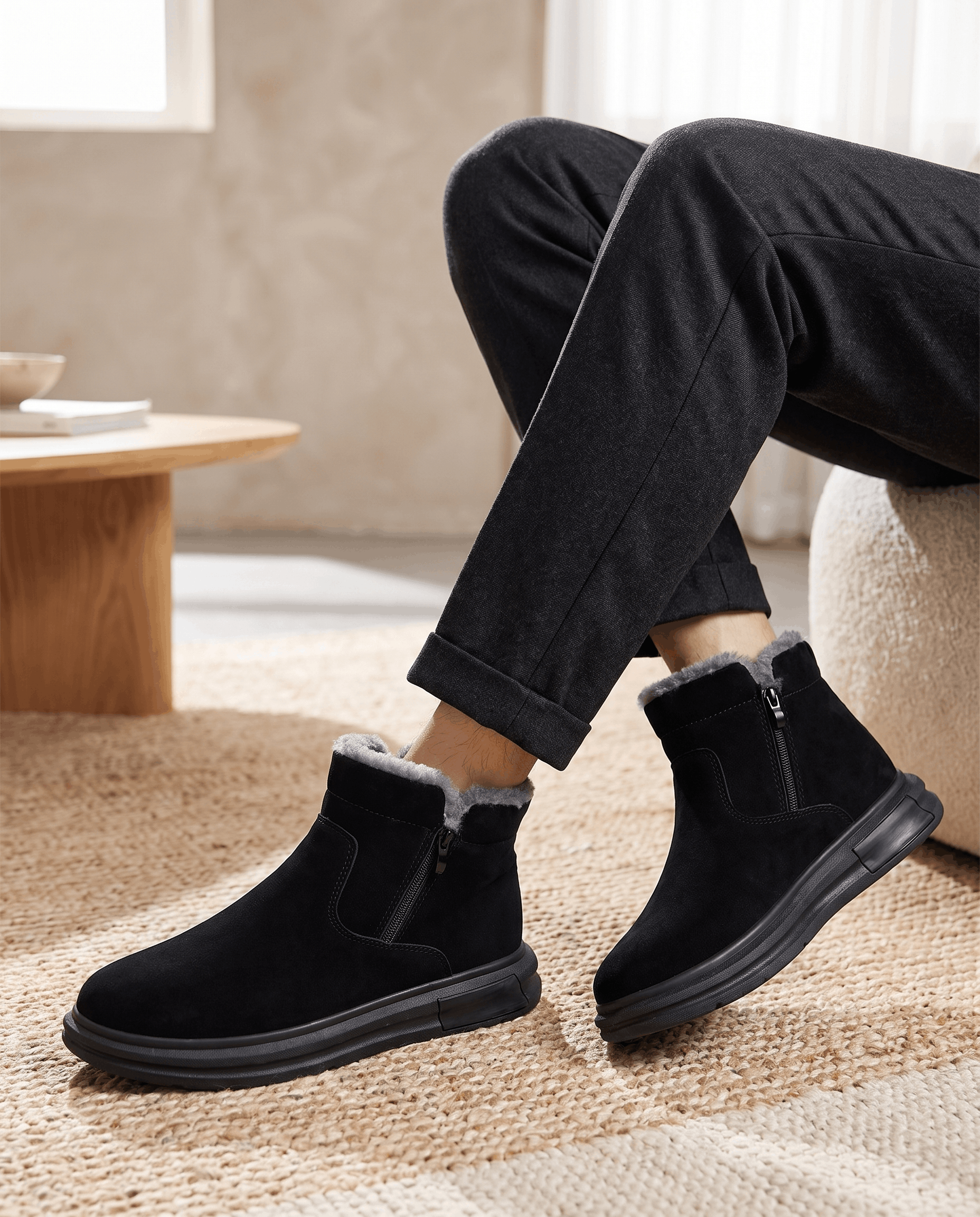 Person wearing black fleece-lined winter boots with a wide toe box and black pants indoors.