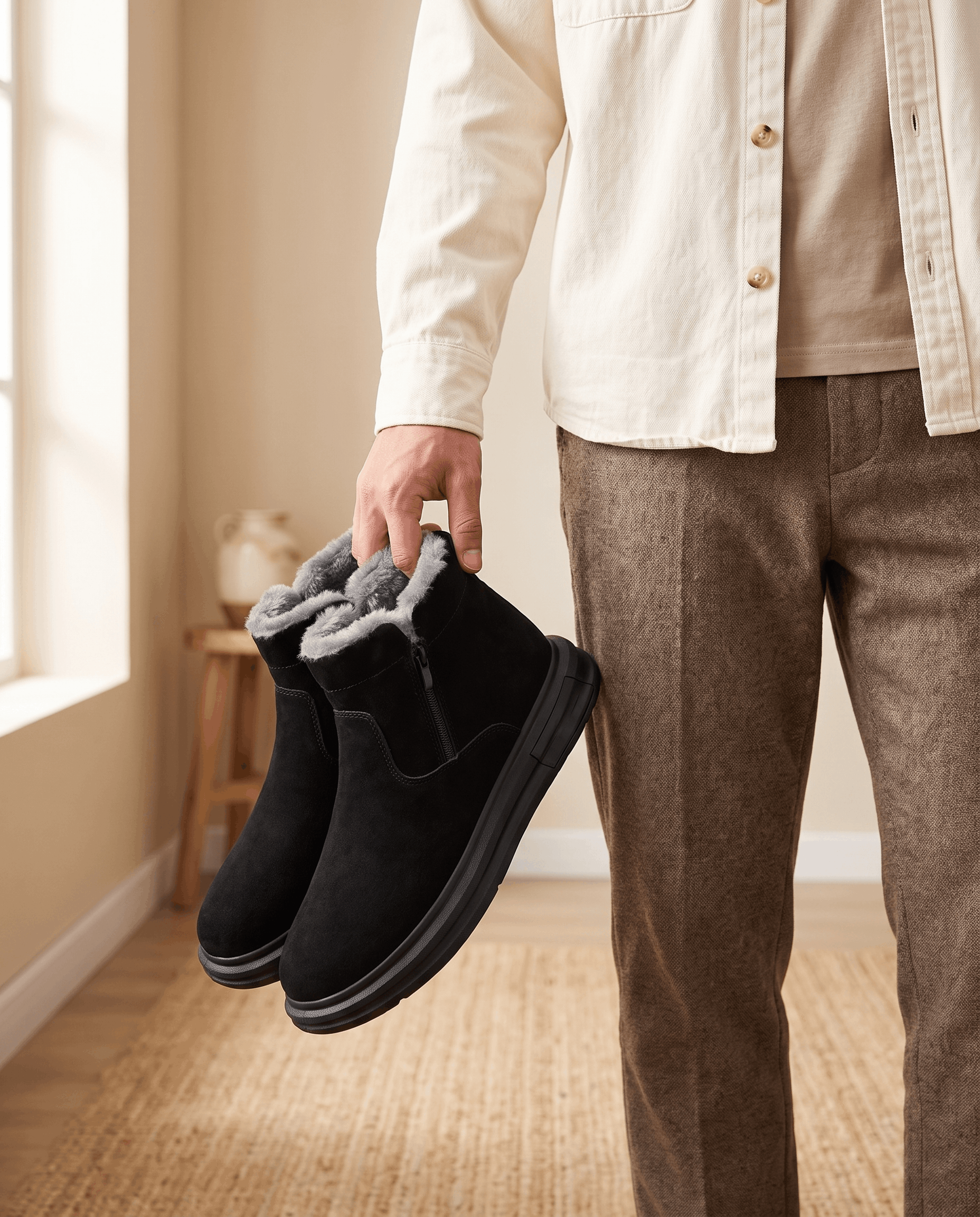 Person holding a pair of black wide toe box winter boots with plush fleece lining.