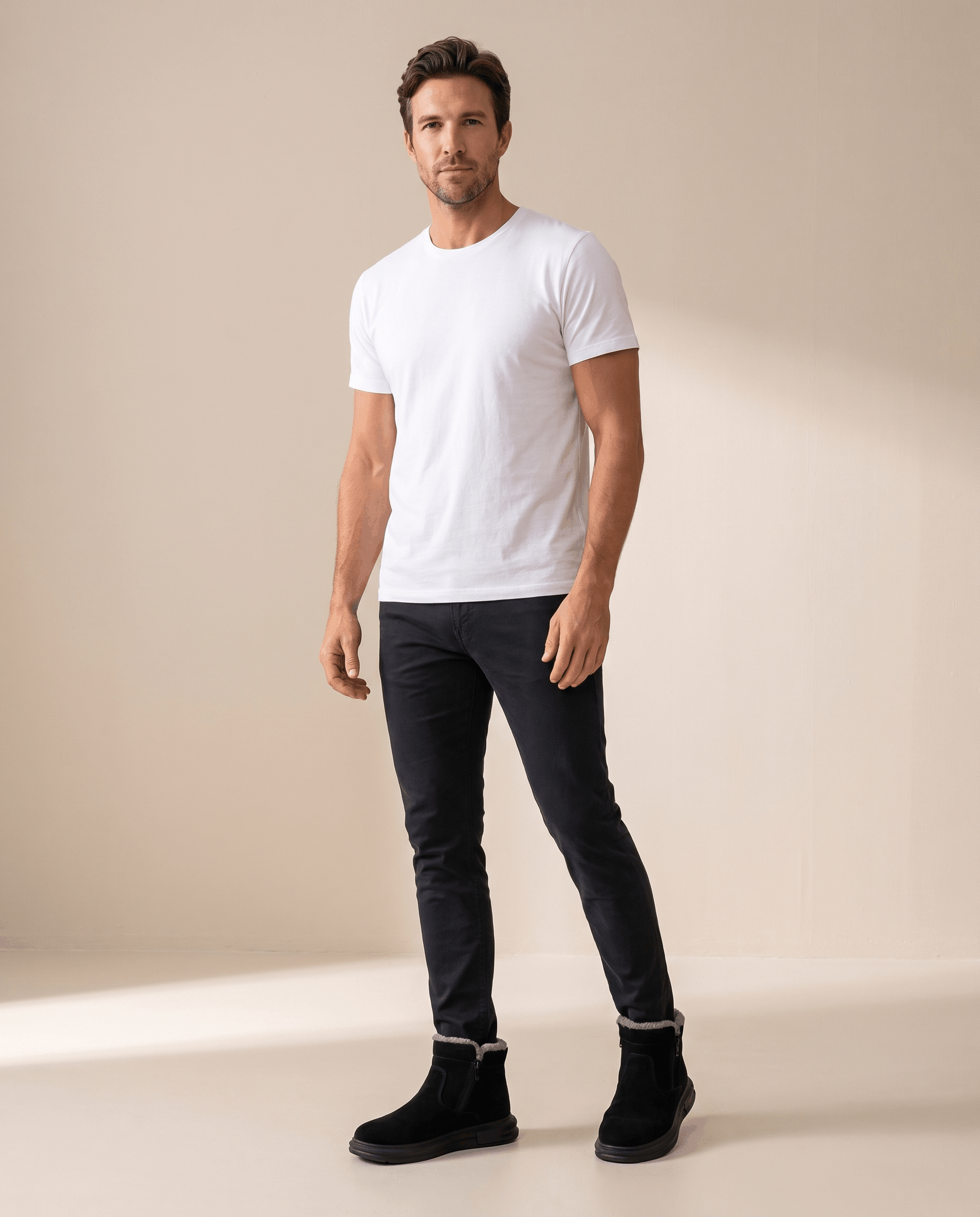 Man wearing black side zip winter boots with a white T-shirt and black pants.