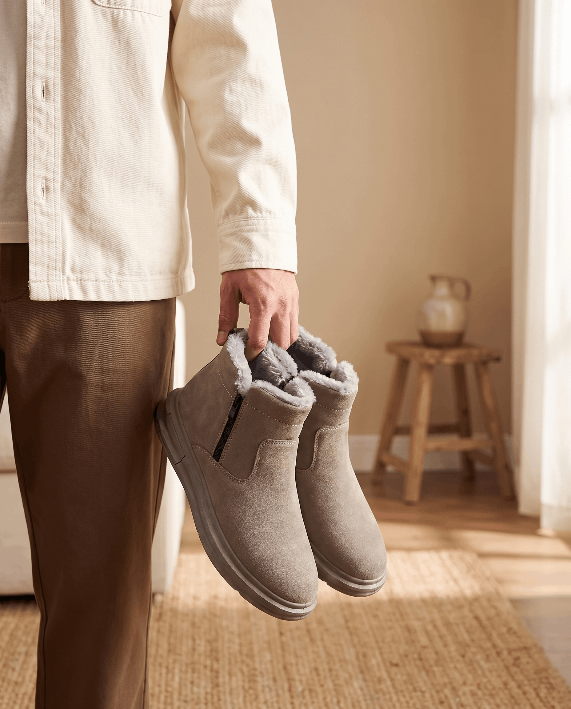 Person holding a pair of taupe wide toe box winter boots with plush fleece lining.