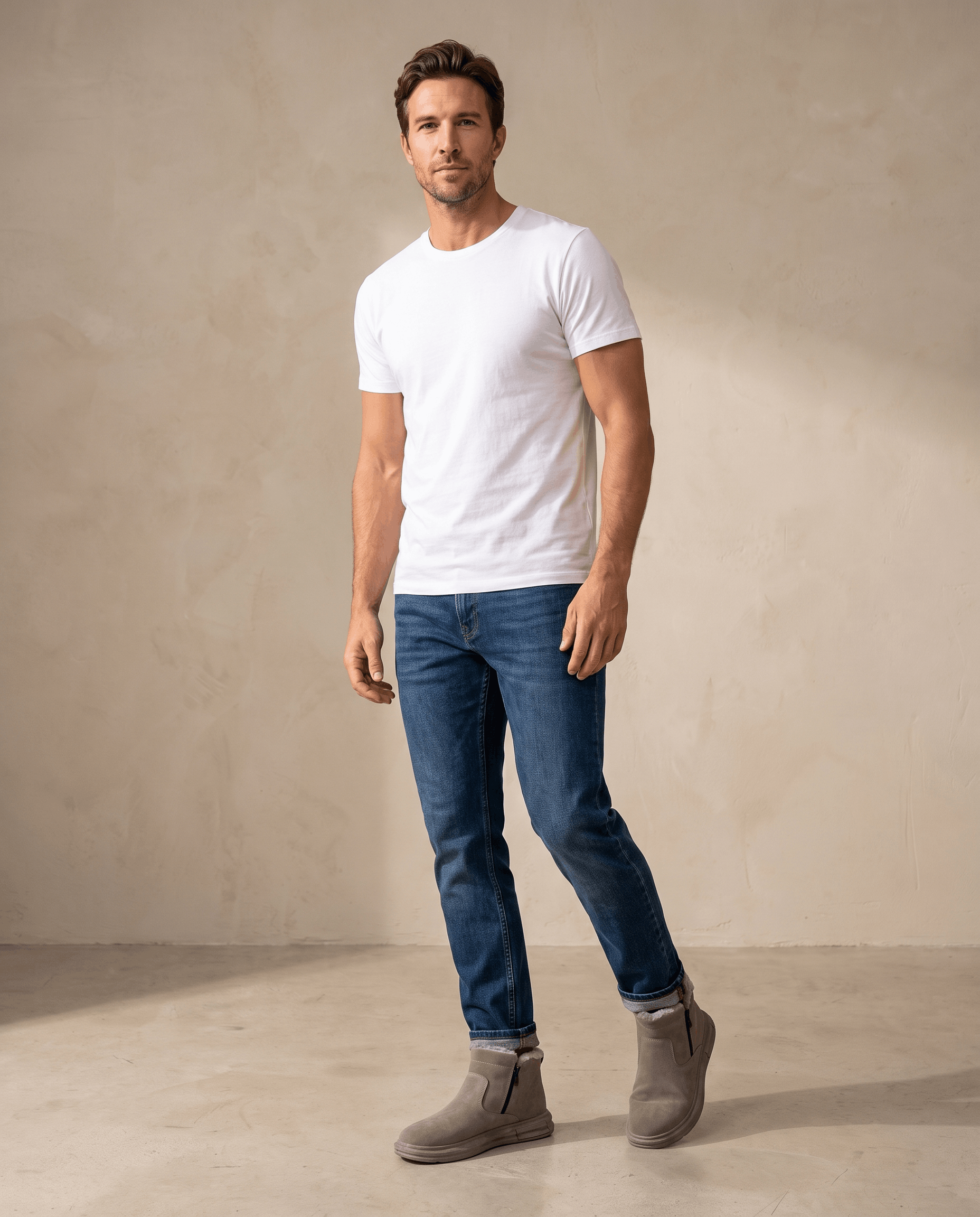 Man wearing taupe side zip winter boots with a white shirt and blue jeans.