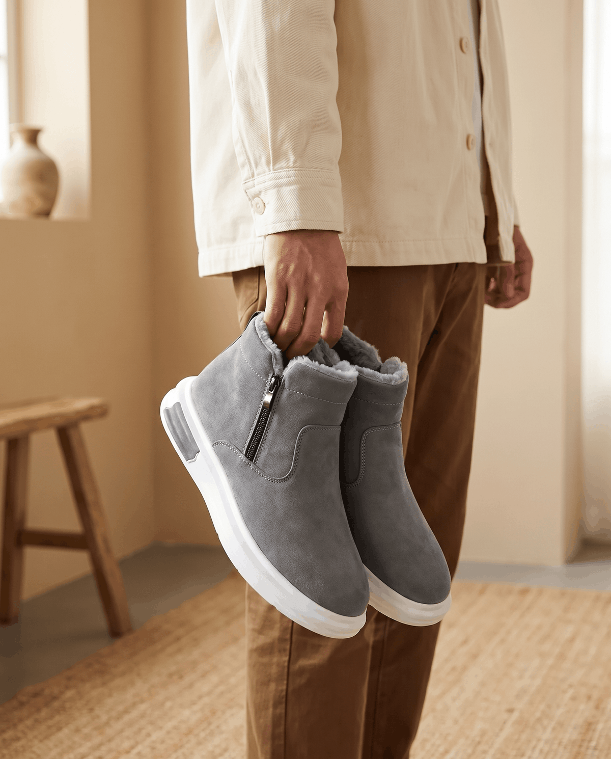 Person holding gray wide toe box winter boots with plush fleece lining beside a wooden staircase.