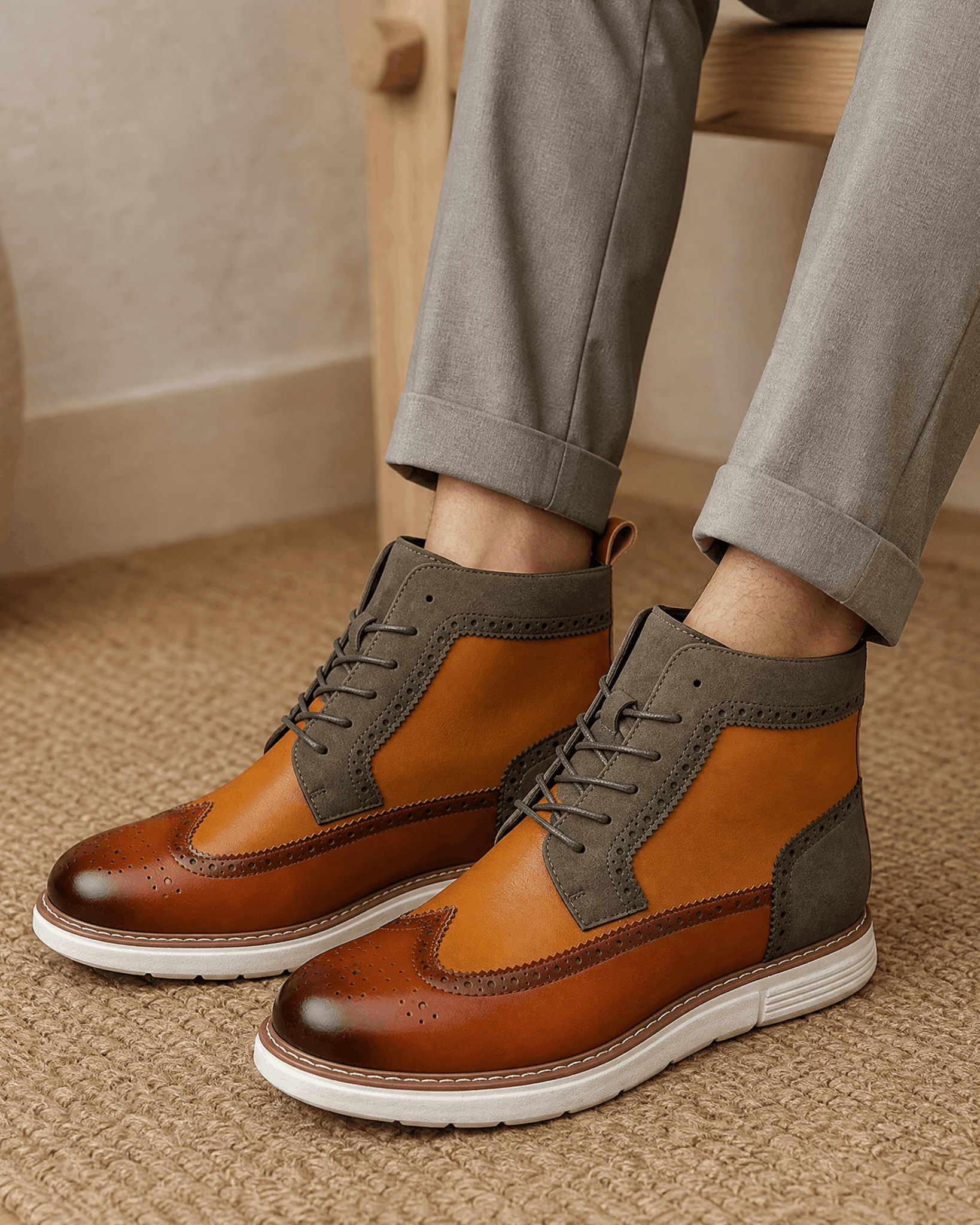 Smooth grain brown wingtip boots with grey matte panels, brogue perforations, and a chunky white cupsole on a textured rug.