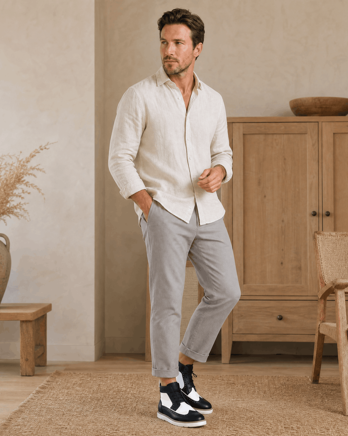 Black and white wingtip boots with brogue perforations, matte panels, and a chunky cupsole worn with light grey trousers.