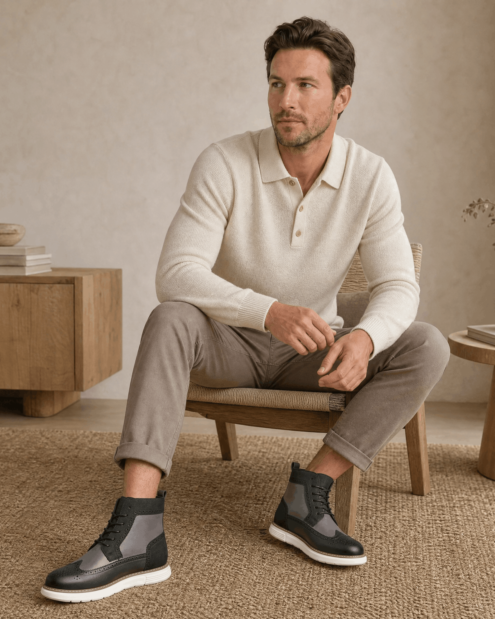 Gray smooth grain wingtip boots with brogue perforations, matte panels, and a chunky white cupsole worn by a seated man.