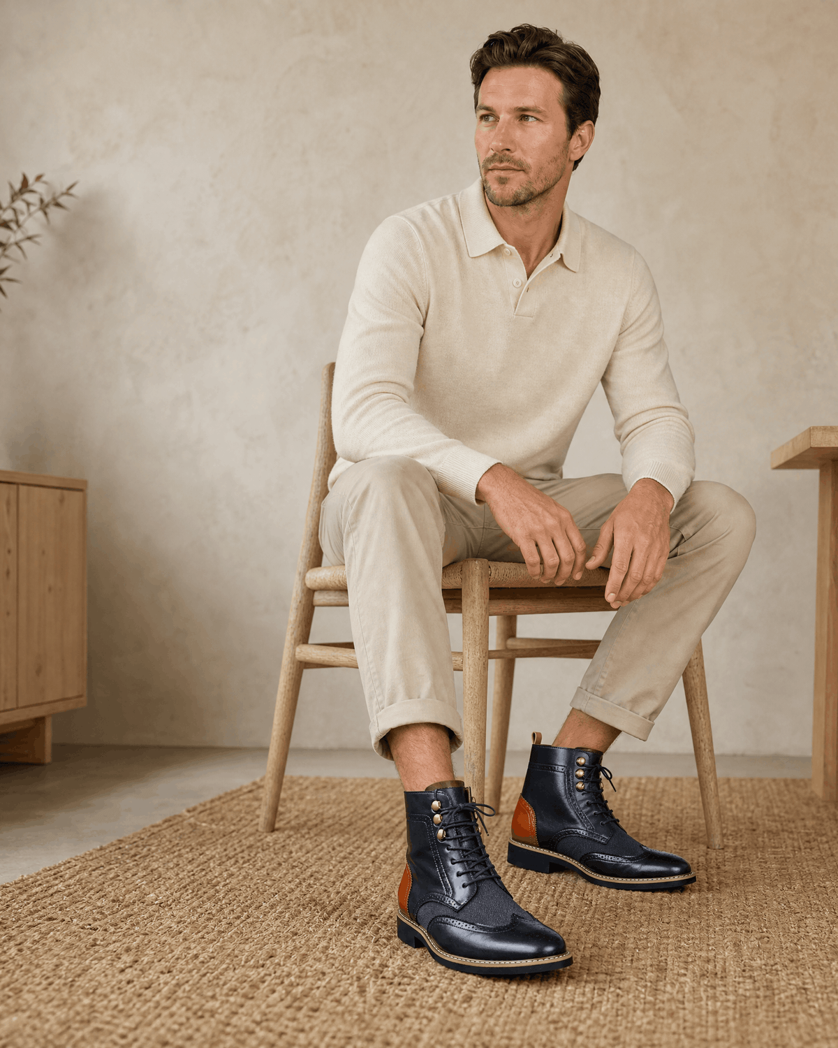 Navy smooth grain leather ankle boots with wingtip brogue perforations, metal eyelets, and a block heel.