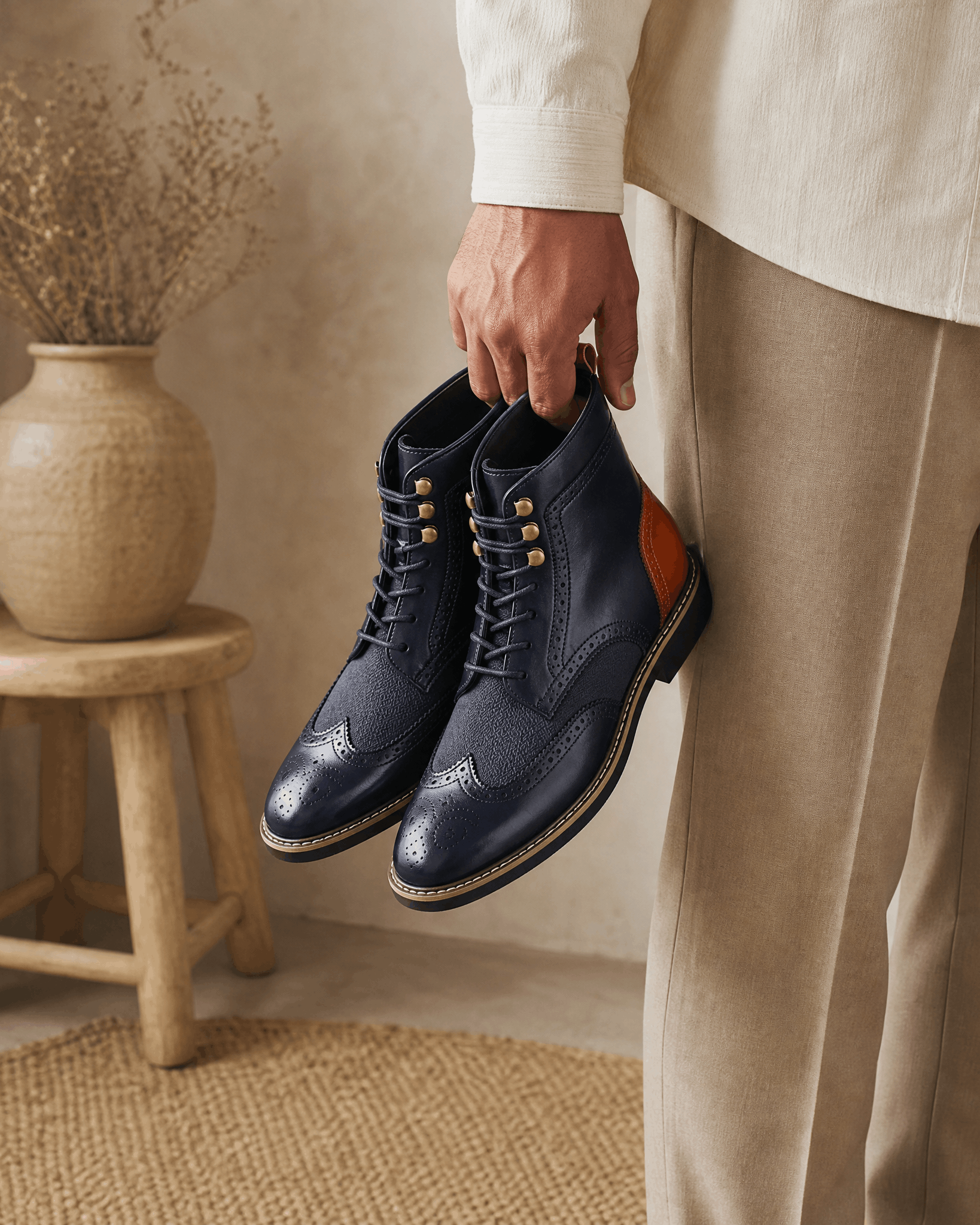 Navy smooth grain leather ankle boots with wingtip brogue detailing, woven-texture panels, and gold metal eyelets.