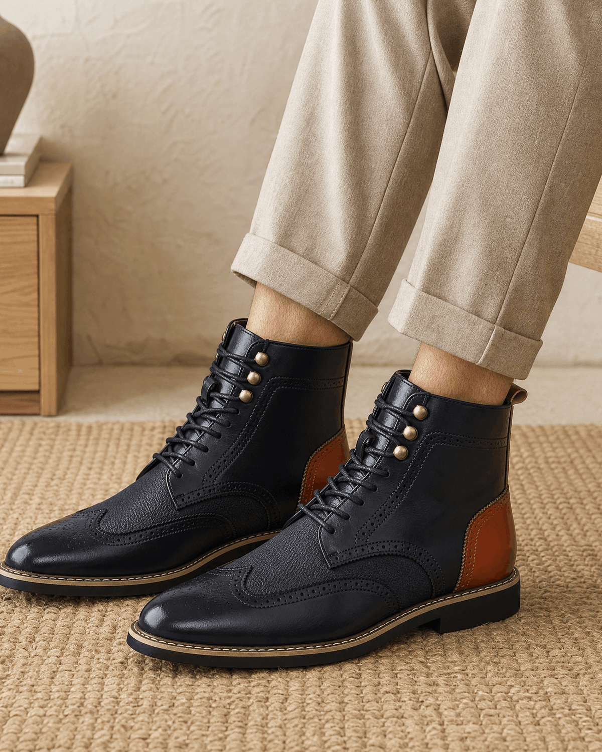 Black smooth grain leather ankle boots with wingtip brogue detailing, metal eyelets, and a contrast tan heel panel.