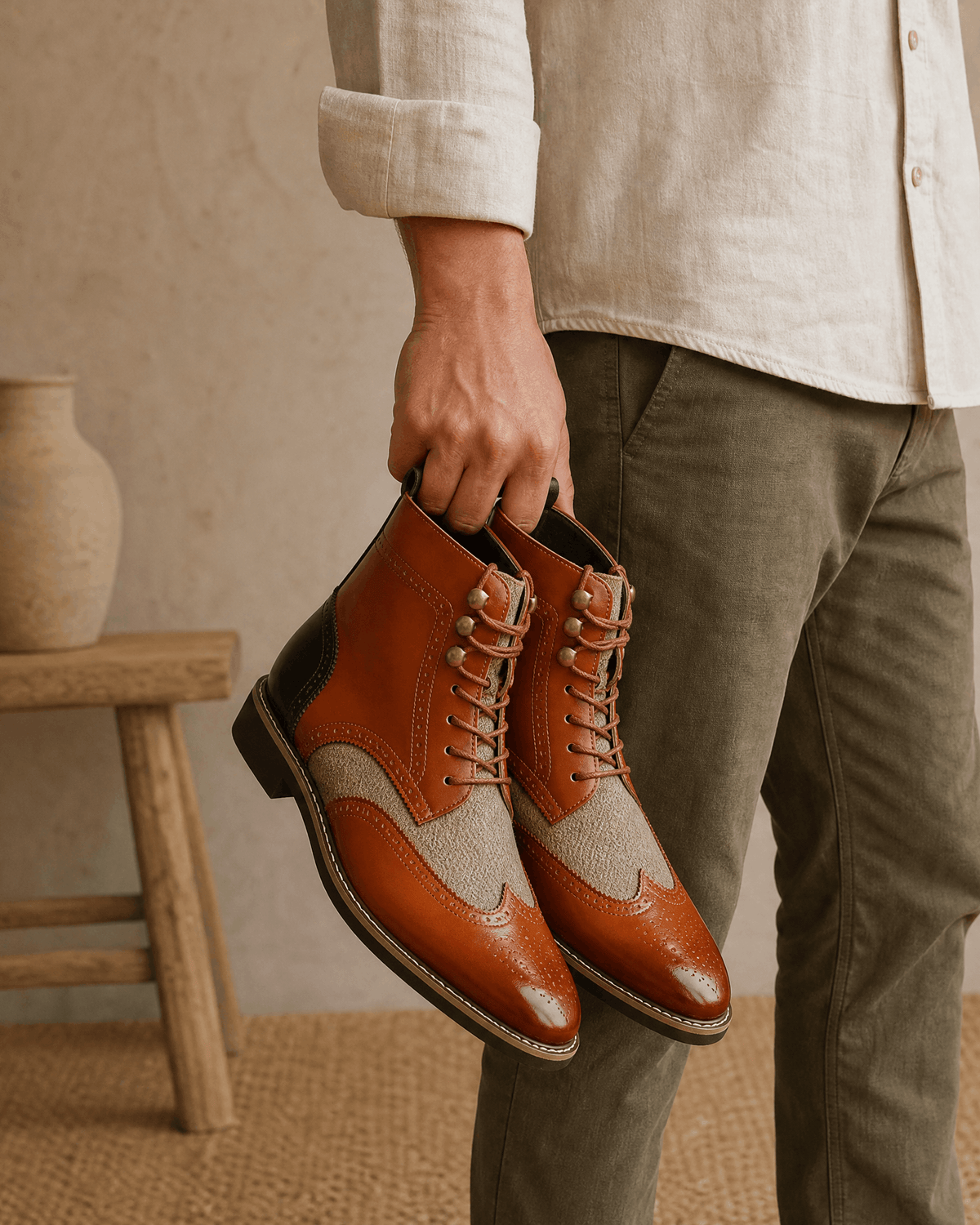 Smooth grain leather ankle boots in tan with wingtip brogue detailing, woven-texture panels, and metal eyelet lacing.