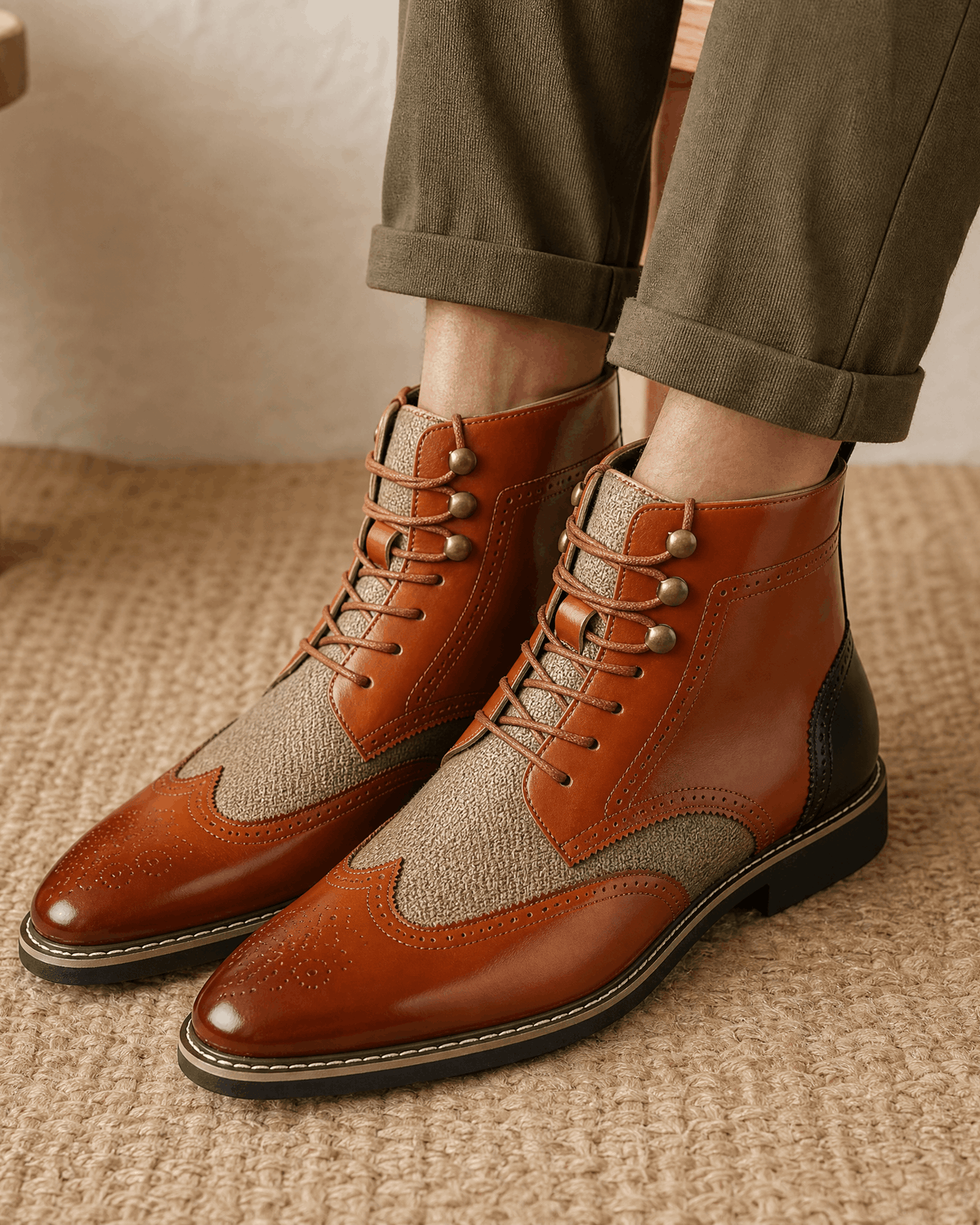 Tan smooth grain leather ankle boots with wingtip brogue perforations, woven-texture panels, and metal eyelet lace-up closures.