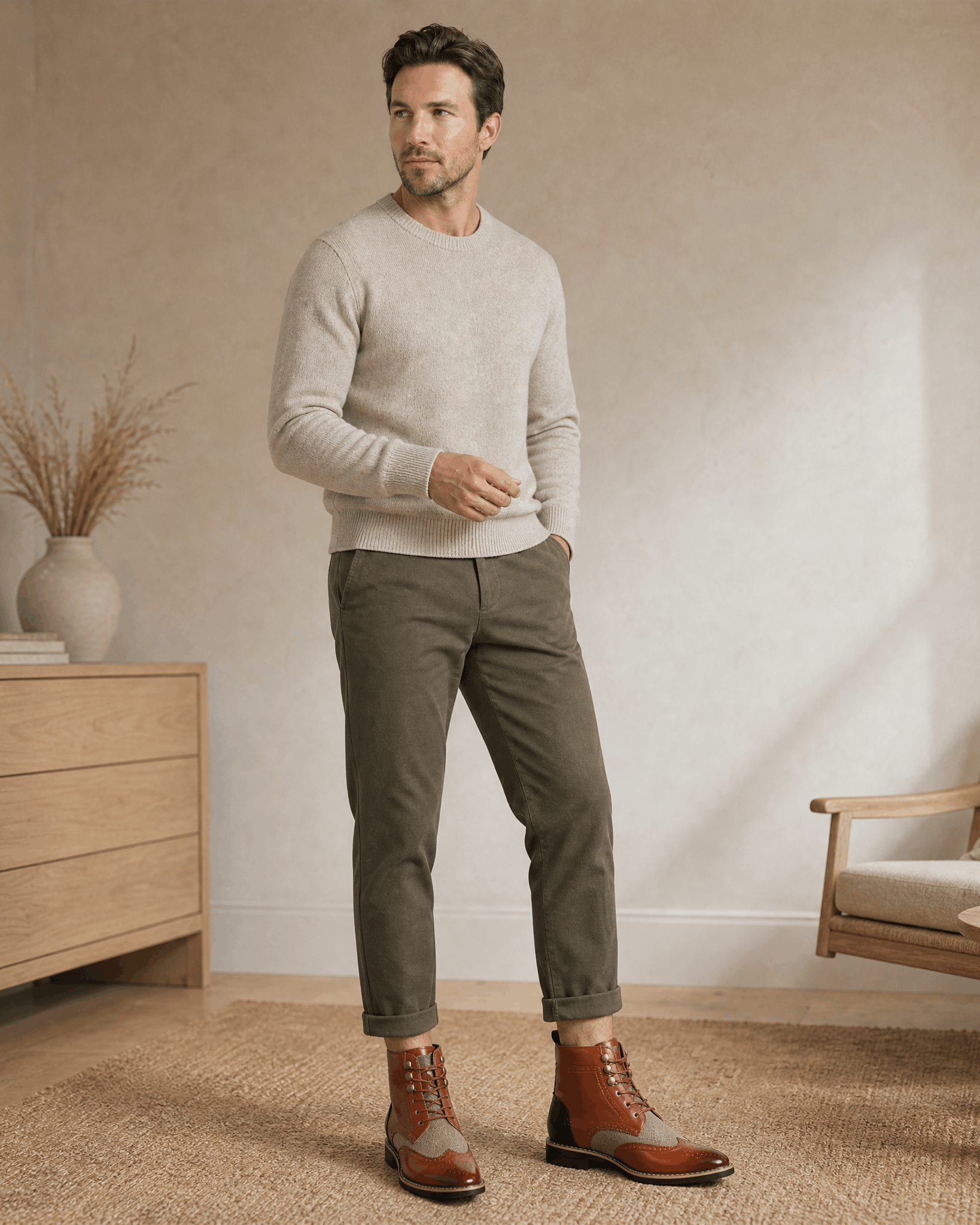 Smooth grain leather ankle boots with wingtip brogue perforations, metal eyelets, and a block heel in a two-tone finish.