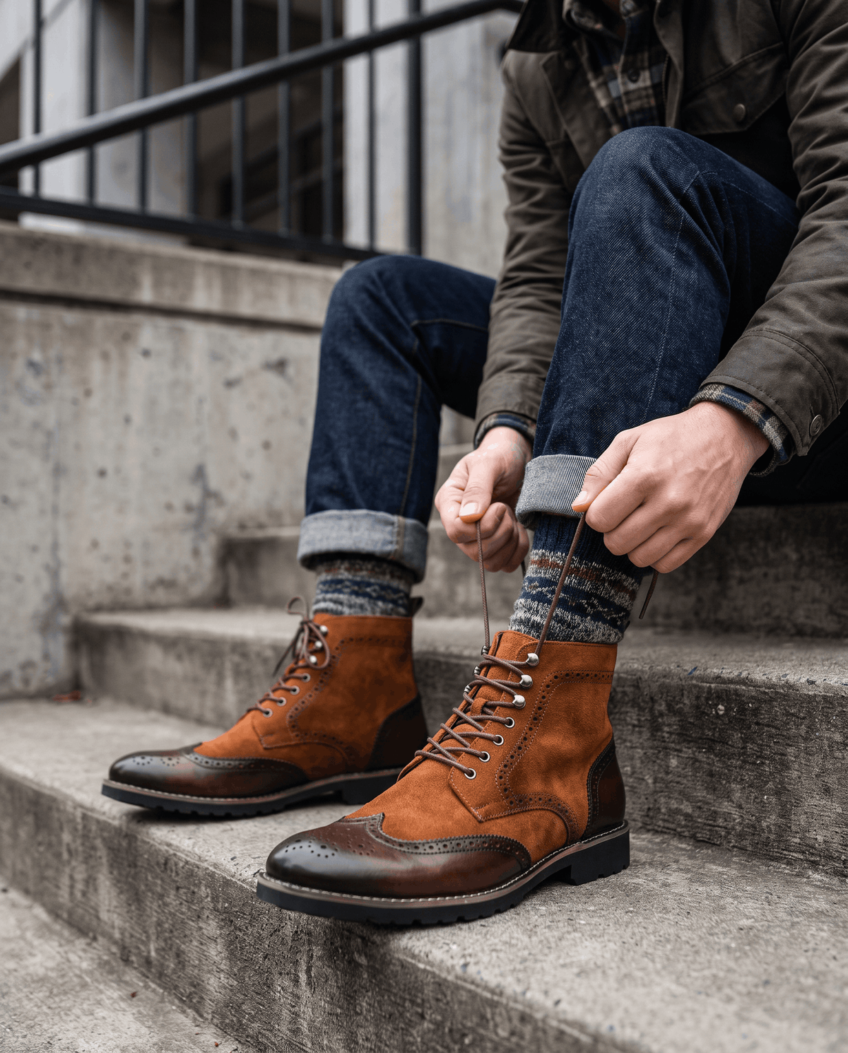 Man in jeans sitting on concrete steps tying a brown lace-up suede boot