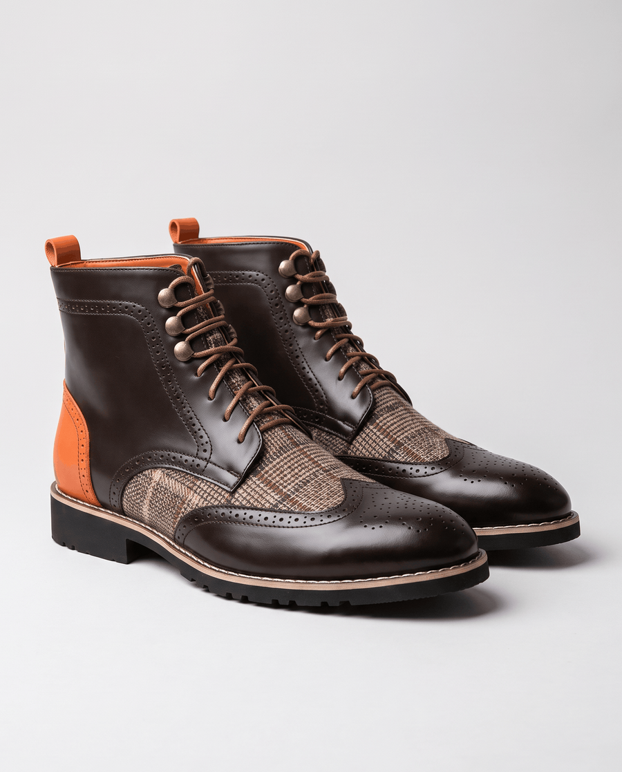 Men's Wingtip Dress Boots – Colorblock & Plaid Panel | Collin