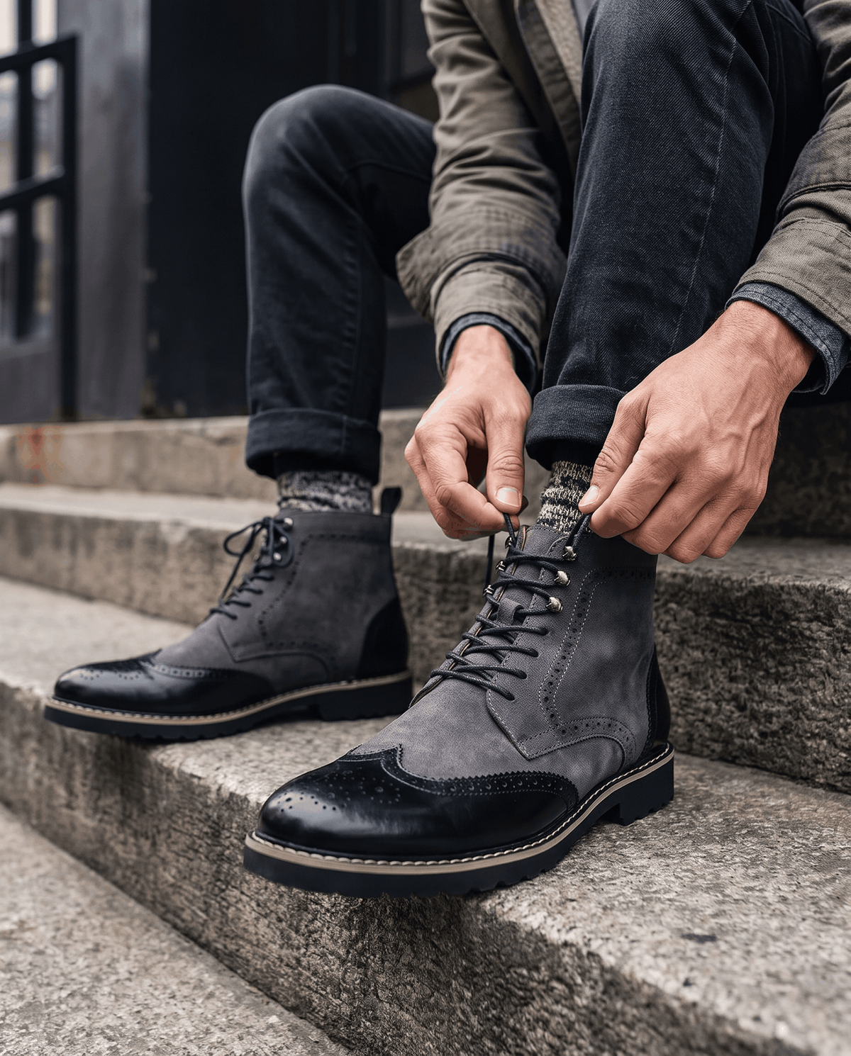 Man in jacket and jeans sitting on steps tying a gray suede lace-up boot