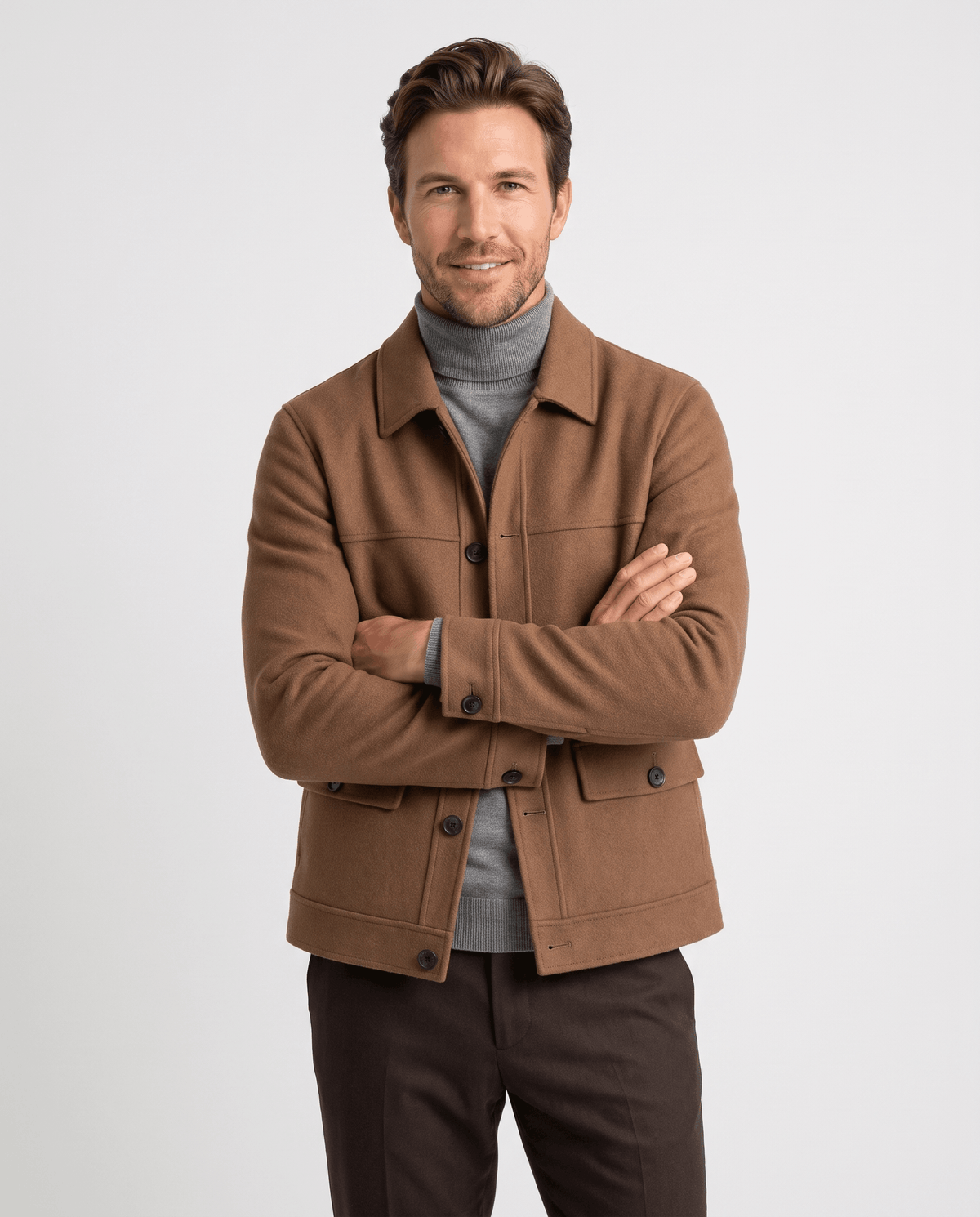 Camel wool-blend chore jacket on a model with point collar and button front