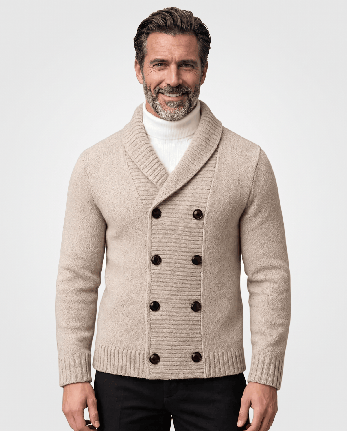 Men's beige double-breasted cardigan with shawl collar worn over a white turtleneck