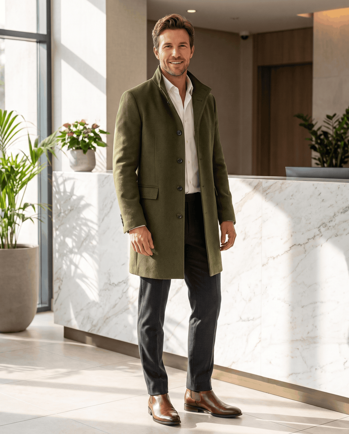 Man in an army green overcoat and white shirt, standing in a bright modern lobby