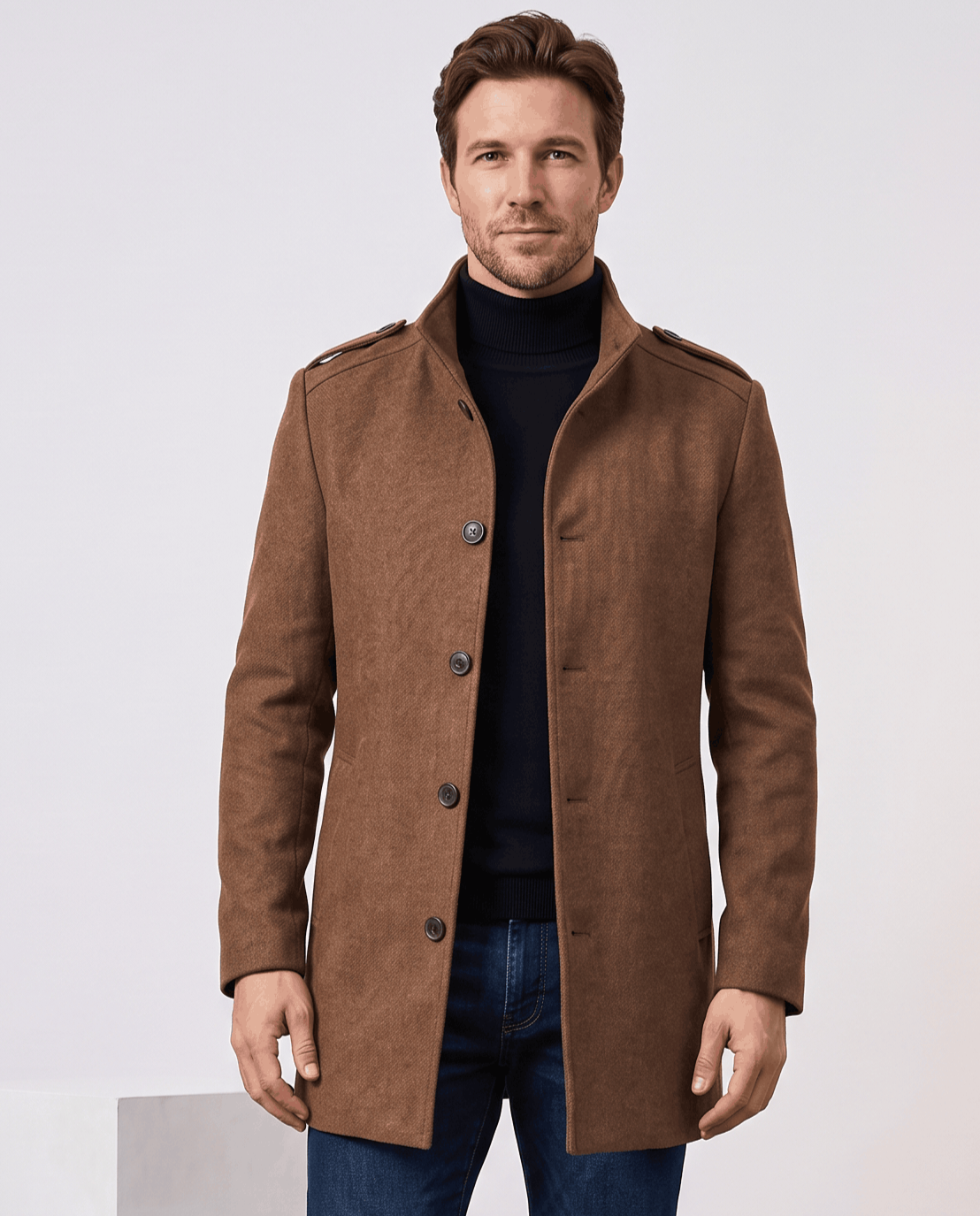 Brown overcoat with stand collar and button front, worn over a black turtleneck and jeans