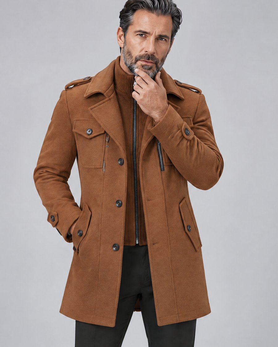 Men's Military-Inspired Overcoat – Wool Blend, Detachable Knit Bib & Epaulettes | Leopold
