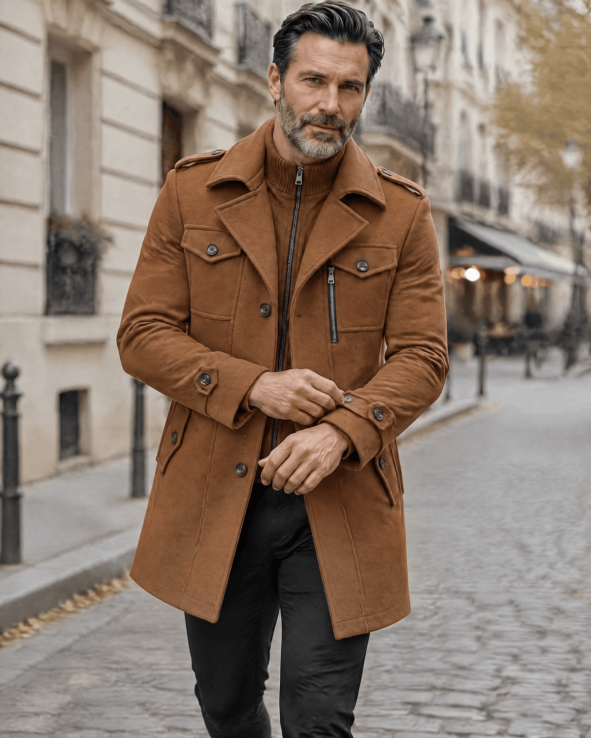 Man in a caramel overcoat on a cobblestone street, with both hands at the front buttons