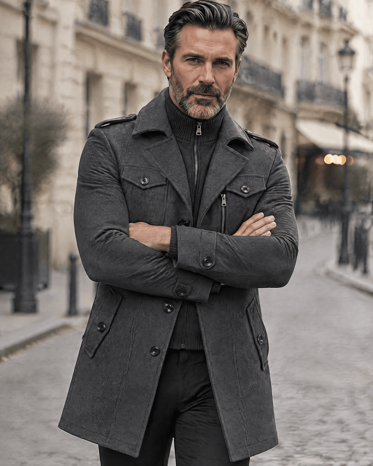 Man in a gray overcoat on a cobblestone street with his arms crossed at the chest