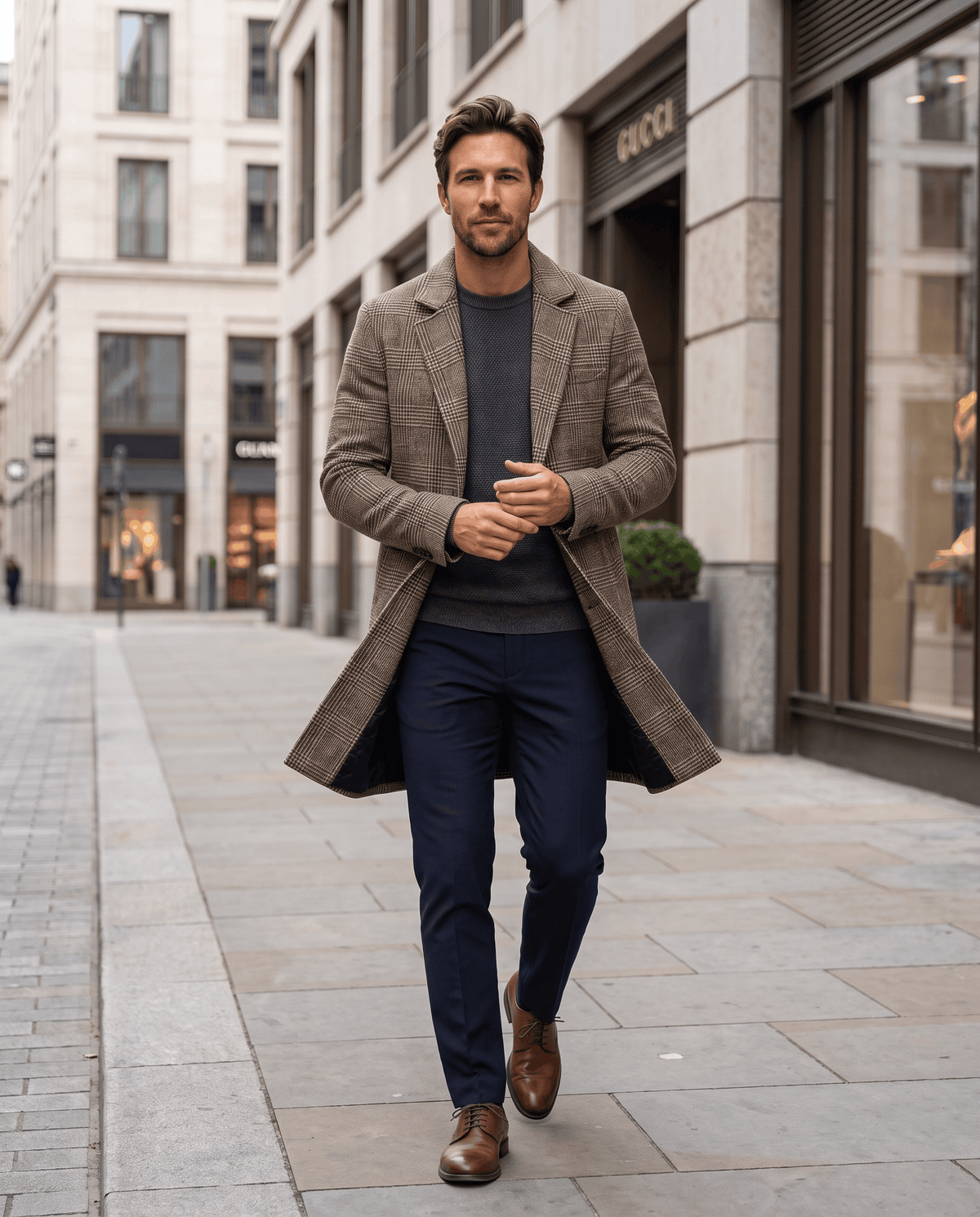 Man walking a city street in the long taupe overcoat, dark sweater and trousers