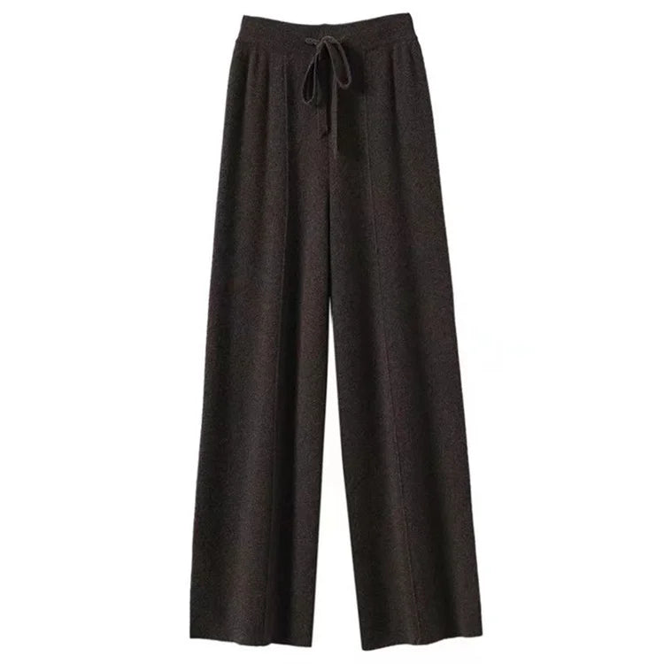 Flat lay of dark brown wide-leg knit pants with drawstring waist