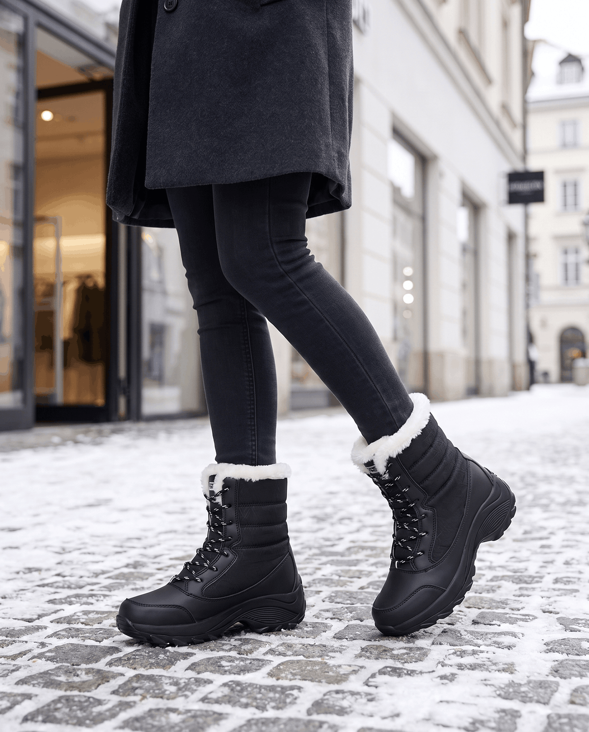 Black platform boots with white collars worn with dark leggings on a city street