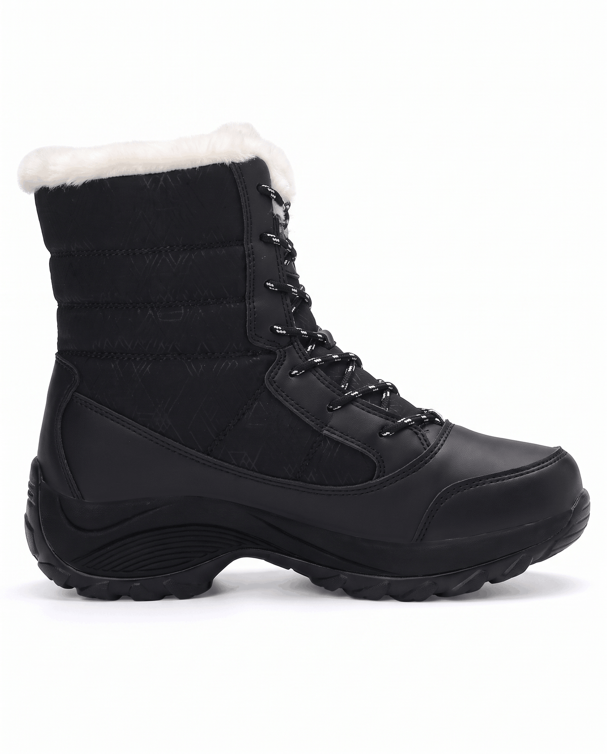Single black lace-up boot from the front and side with quilted upper and white collar