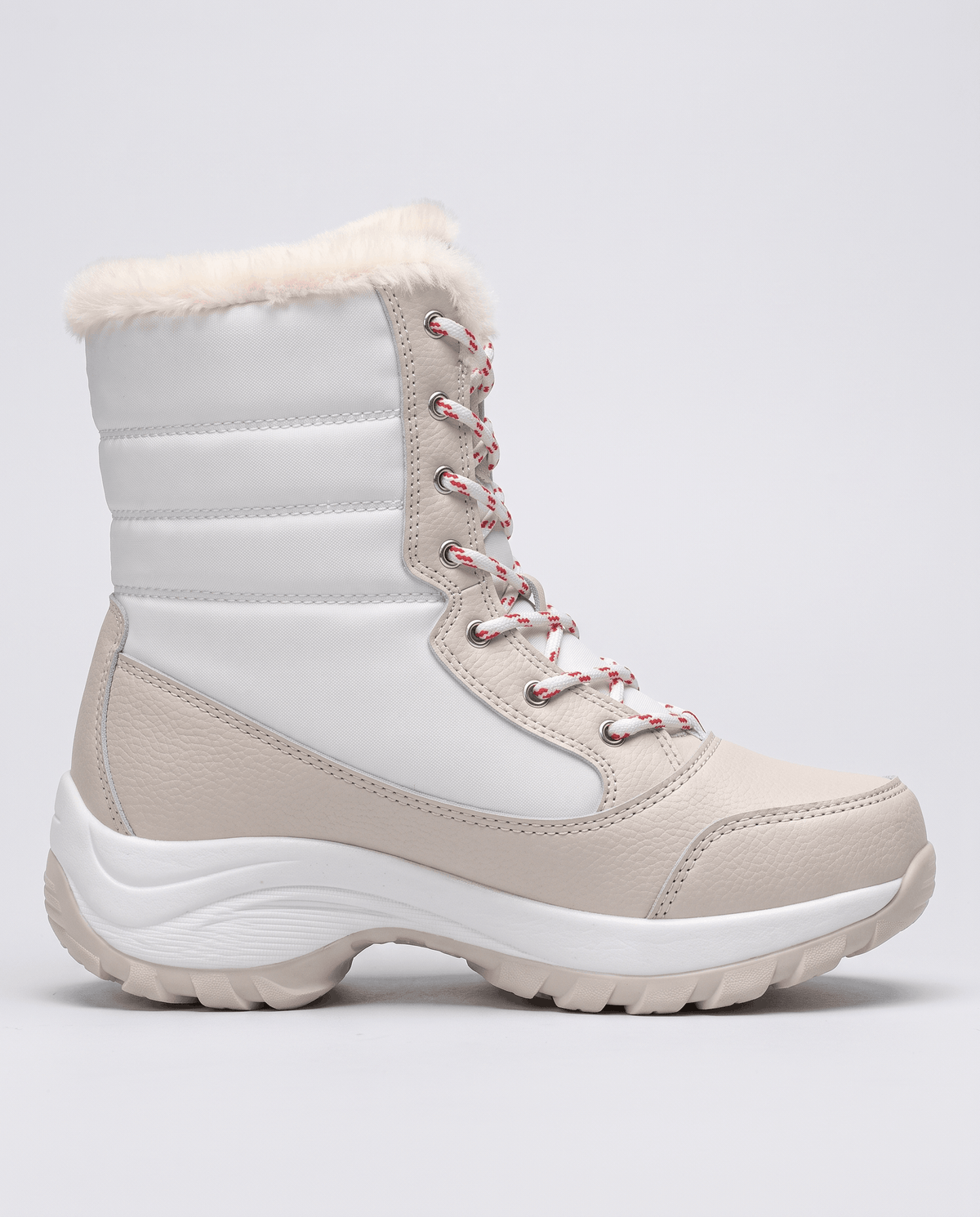Side profile of white quilted lace-up boot with cream toe panel, pink laces and platform sole