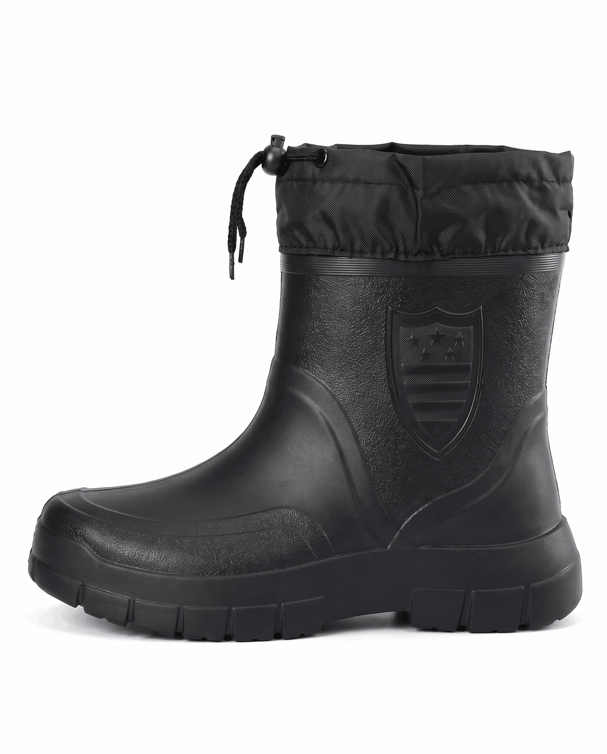 Close view of a black boot with textured upper and drawstring cord collar
