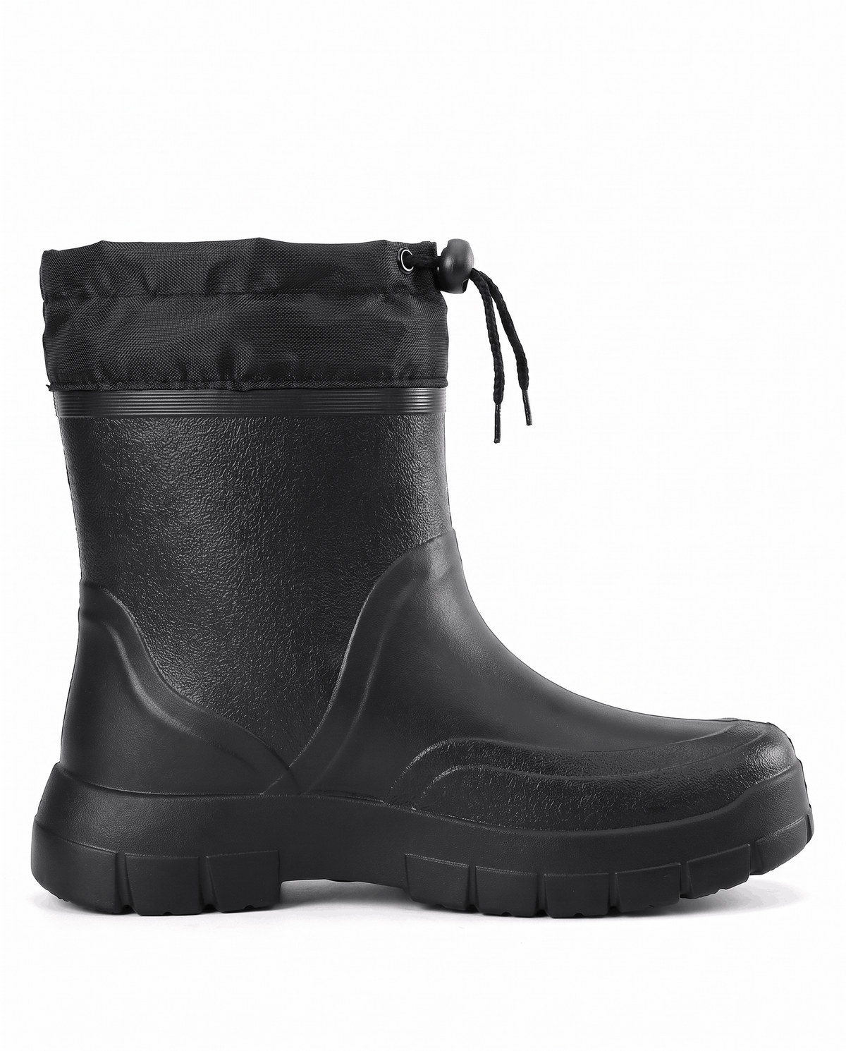 Close view of two black boots showing drawstring cords and rounded toes